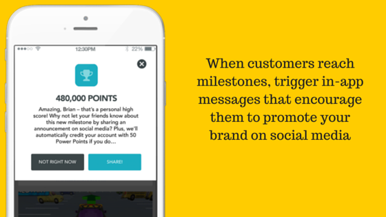 A smartphone screen displays a message congratulating a user for reaching 480,000 points, encouraging them to share their achievement on social media for rewards. The background is bright yellow.