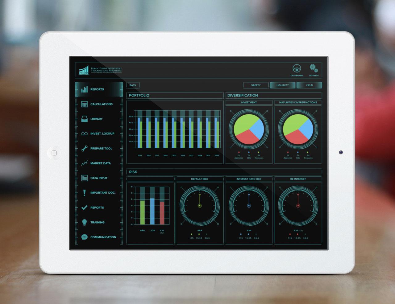 A tablet displaying a financial dashboard with graphs and charts for portfolio diversification, risk assessment, and various calculations. The interface features colorful pie charts and bar graphs.