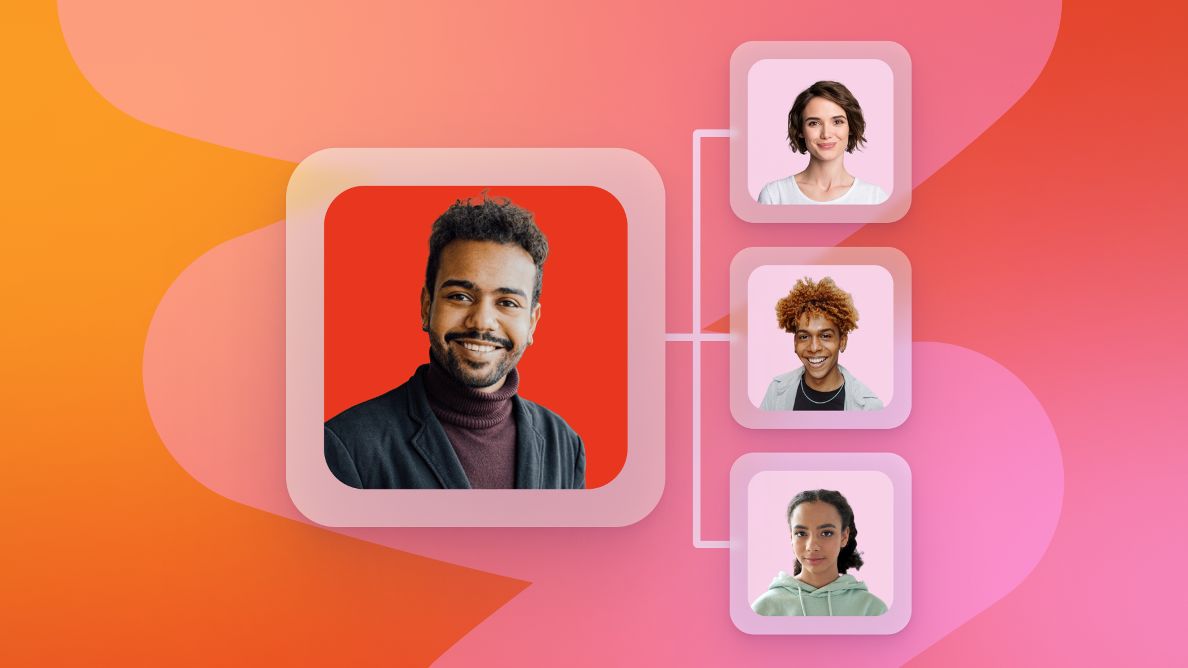 Portrait of a smiling man connected by lines to three smaller portraits, illustrating a professional or social network.