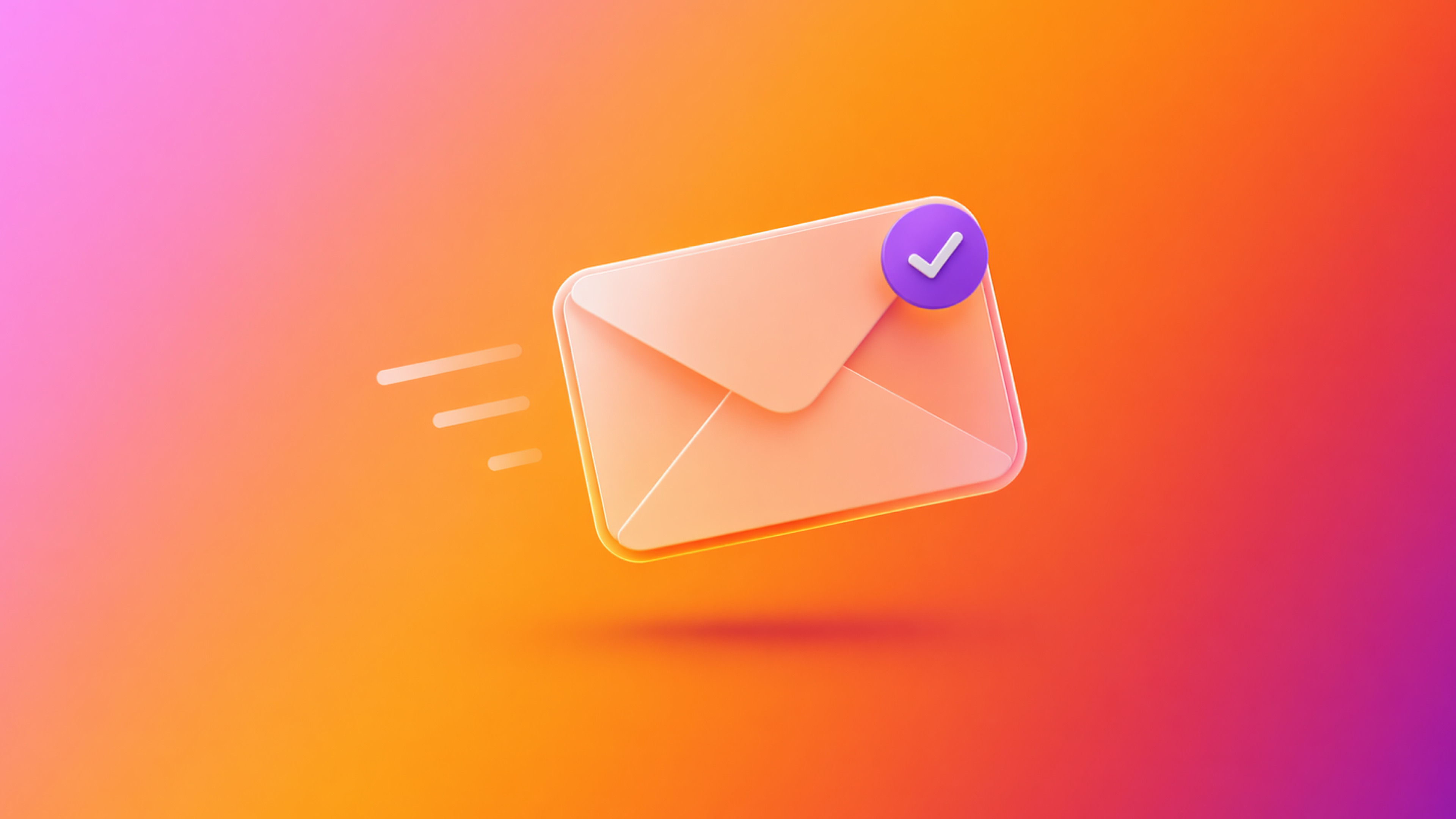 3D email envelope with a purple checkmark and sending lines.