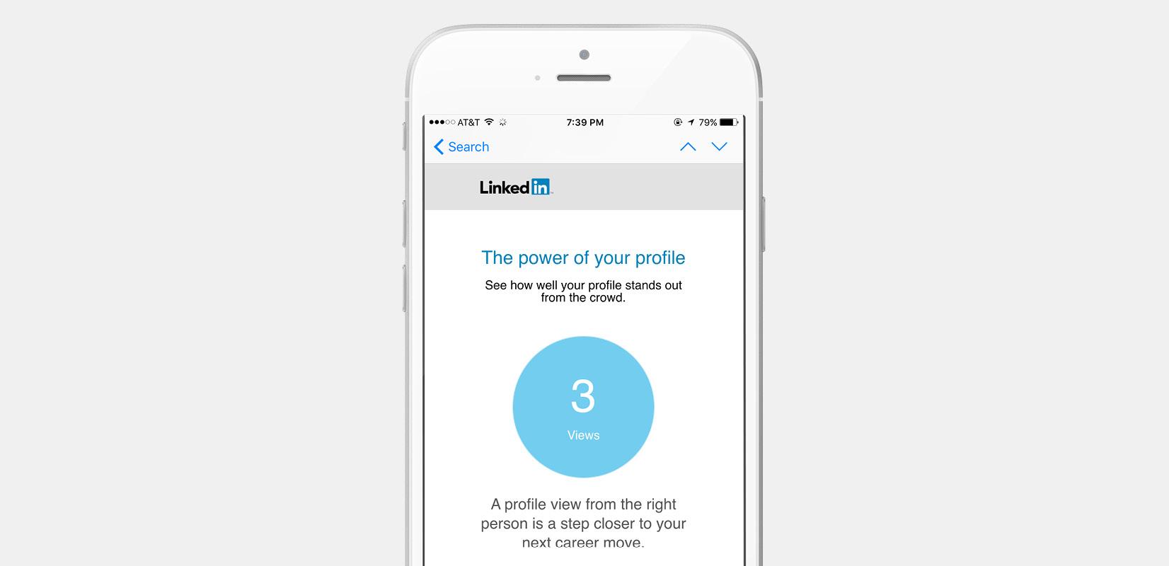 A smartphone displaying a LinkedIn email about profile views, highlighting "The power of your profile" with a blue circle showing "3 Views.