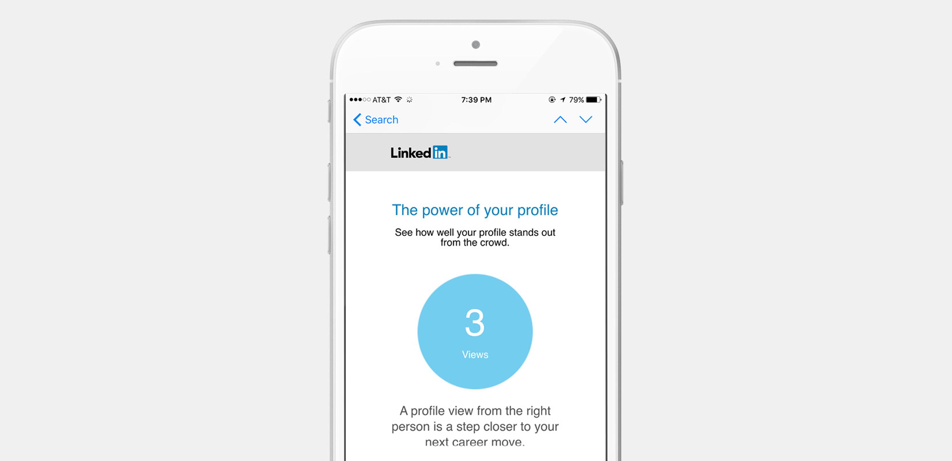 A smartphone displaying a LinkedIn email about profile views, highlighting "The power of your profile" with a blue circle showing "3 Views.