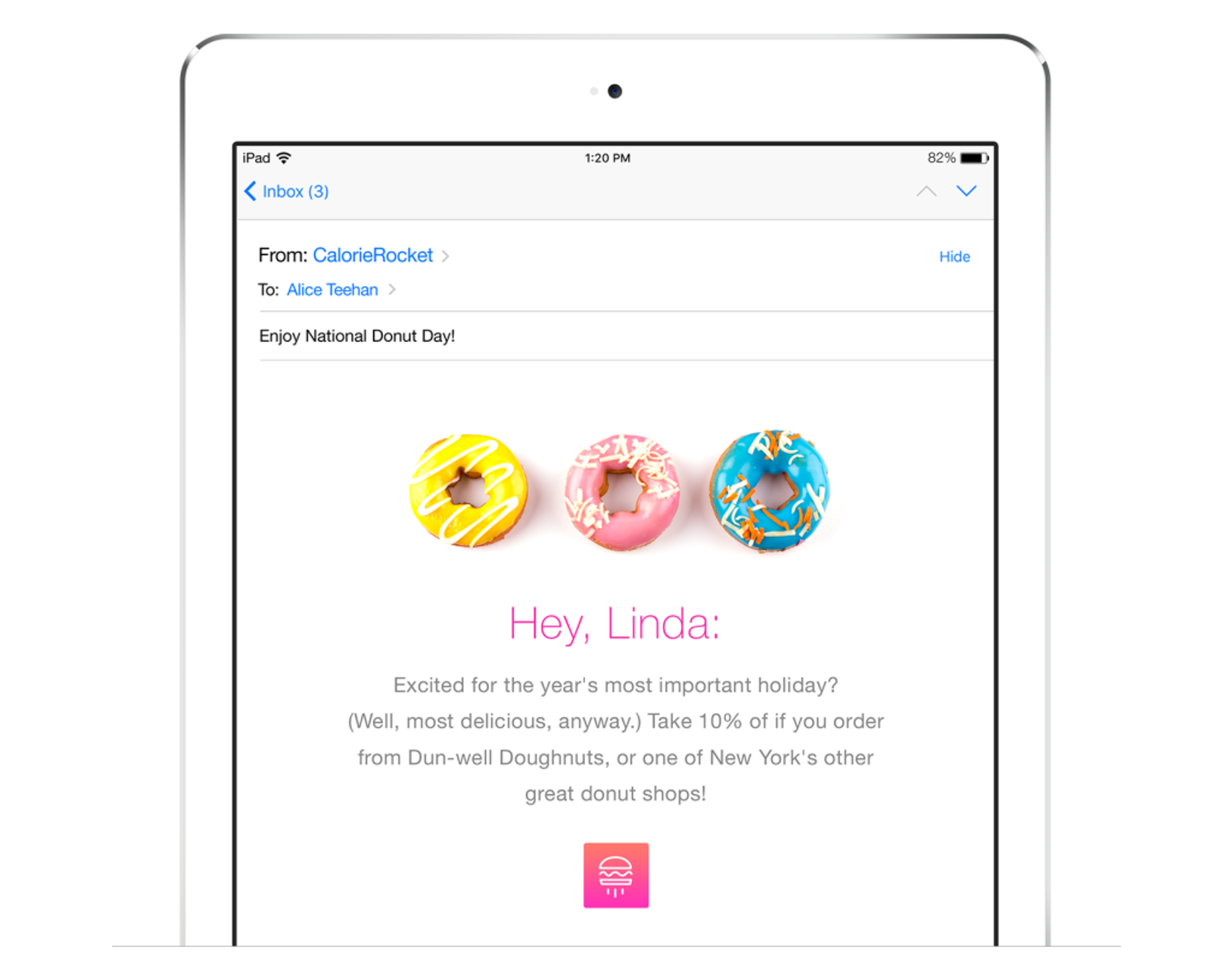 An email on an iPad screen promoting National Donut Day, featuring colorful donut images and a message about a discount. The sender is CalorieRocket, addressed to Linda.