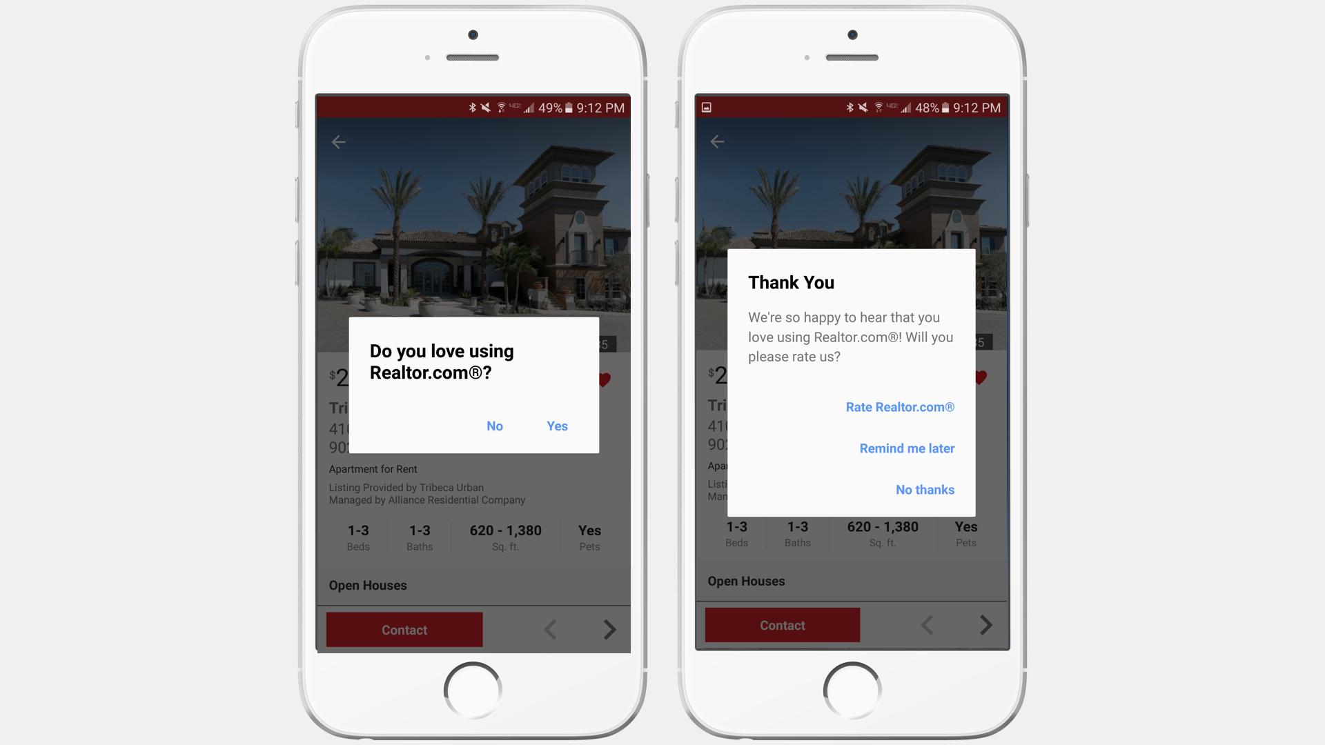 Two smartphone screens displaying a real estate app. The left screen shows a property listing, while the right screen features a pop-up asking for user feedback on the app.