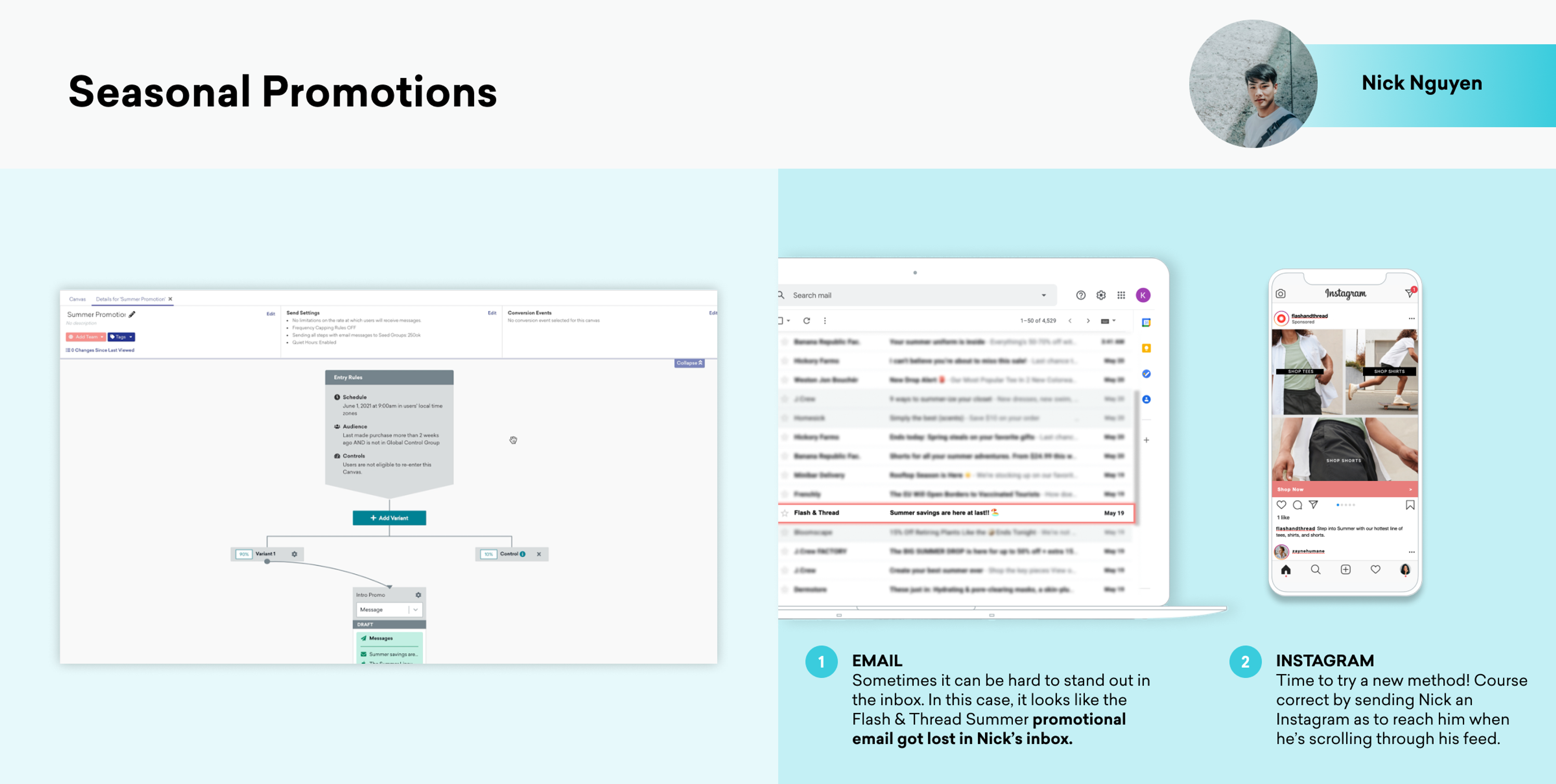 A split-screen image showing a promotional email interface on the left and an Instagram feed on the right. The email highlights a seasonal promotion, while the Instagram section features a post related to the same promotion.
