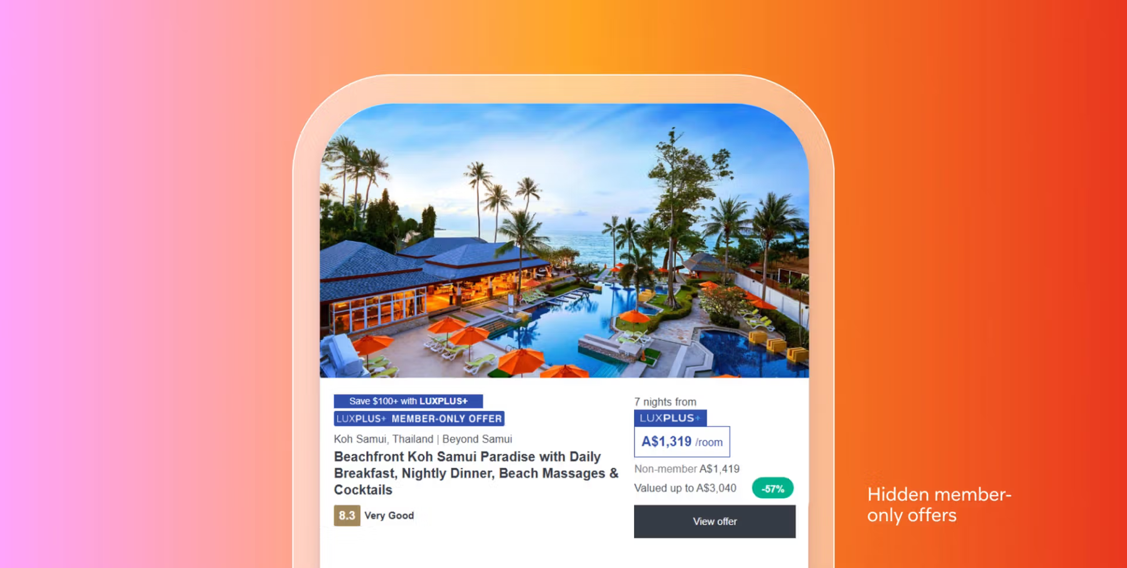 A beachfront Koh Samui resort deal is displayed on a tablet against a pink-to-orange gradient, highlighting hidden member-only savings.