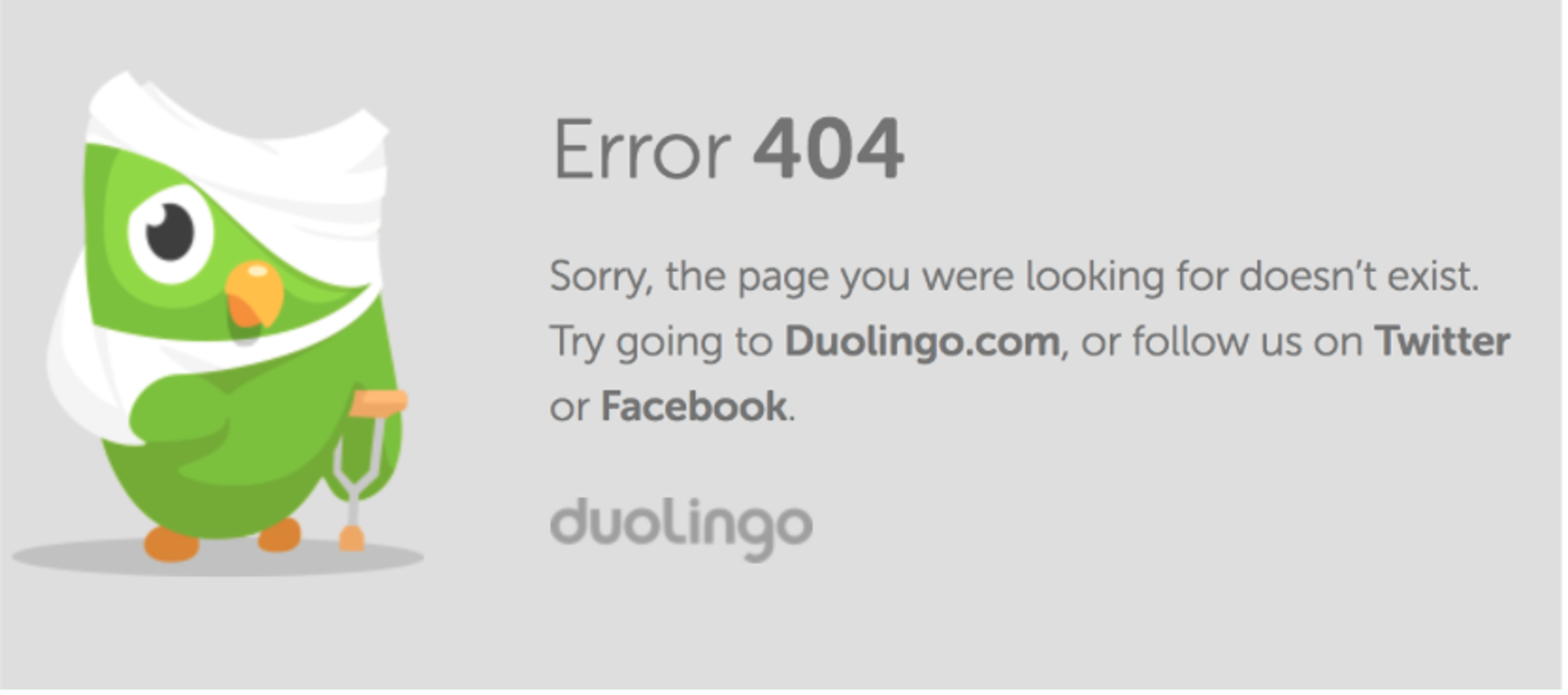 A cartoon owl wearing a bandage and holding a cane, with a message indicating a 404 error and suggesting to visit Duolingo.com or follow on social media.