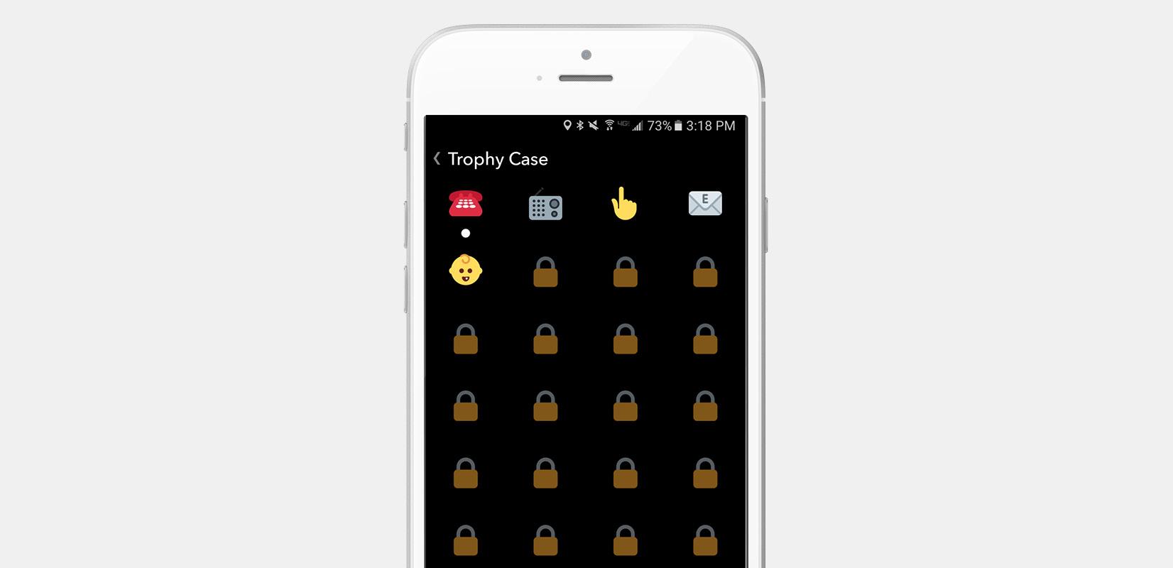 A smartphone screen displaying a trophy case with various locked icons and a few unlocked items. The background is black, and the time is shown at the top right corner.