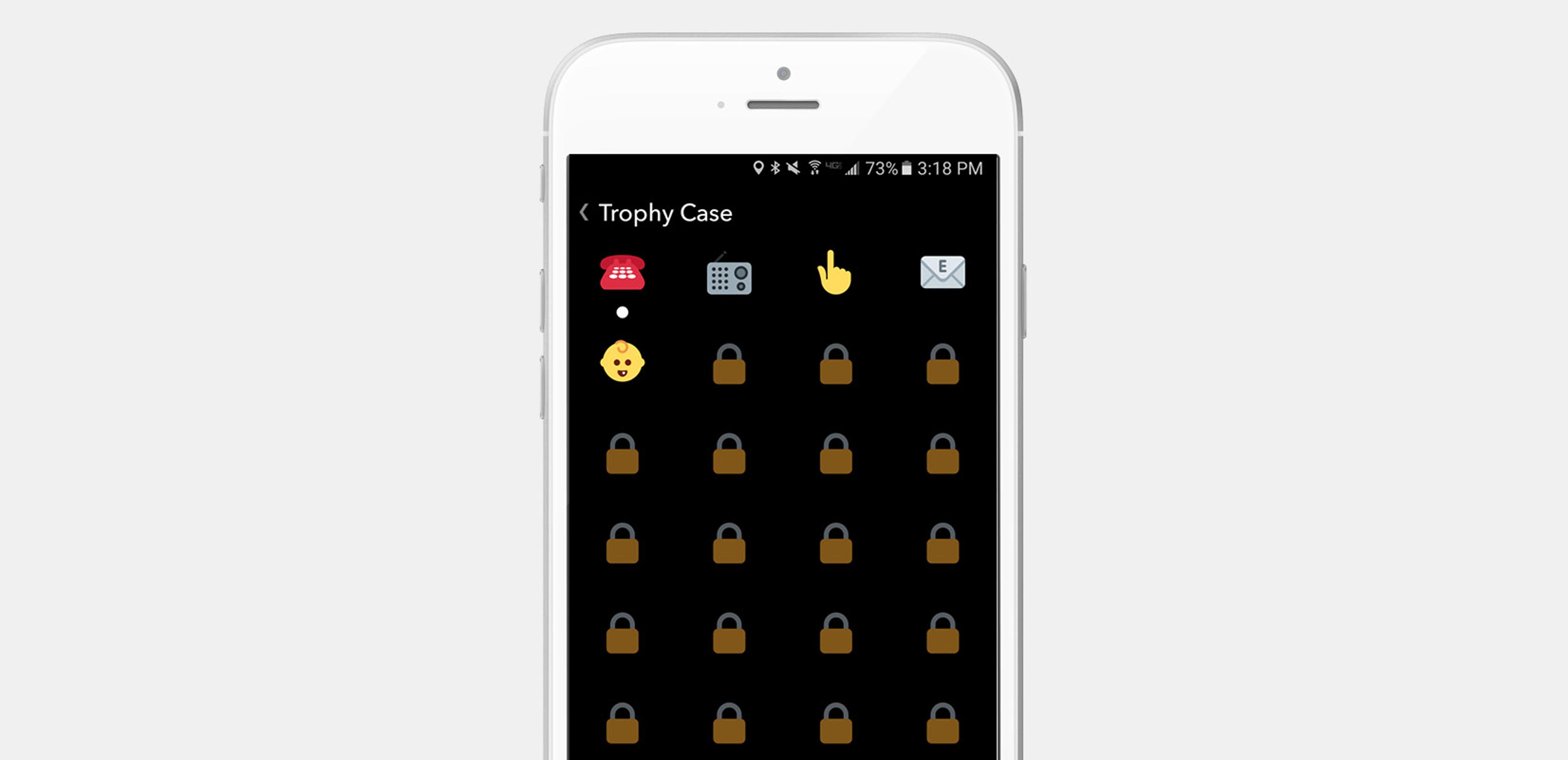A smartphone screen displaying a trophy case with various locked icons and a few unlocked items. The background is black, and the time is shown at the top right corner.
