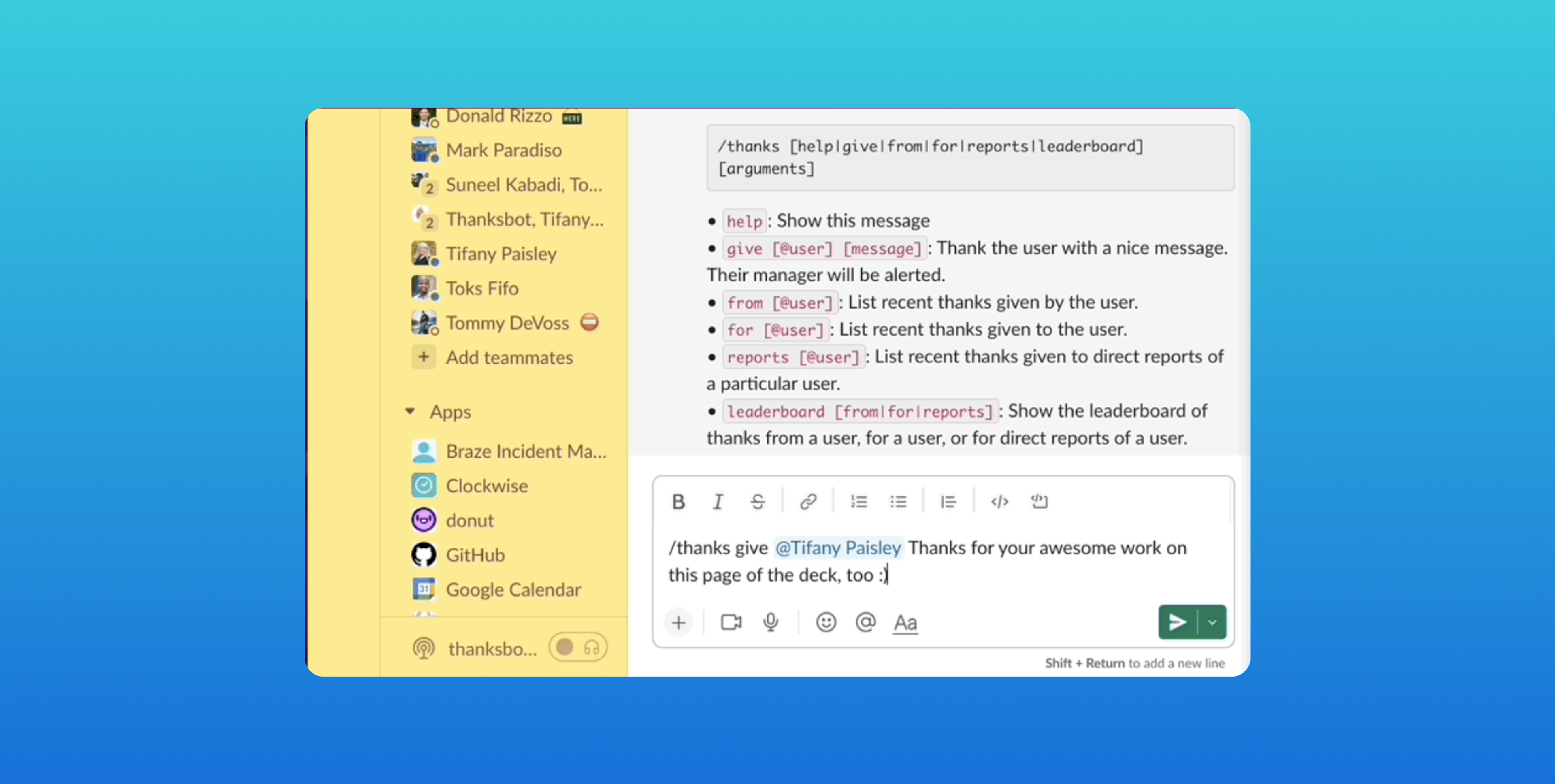 A screenshot of a chat interface showing a message about giving reports to a user named Tiffany Paisley. The background is a gradient of blue shades.