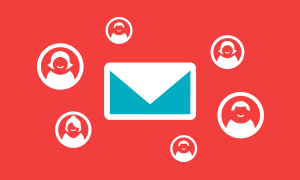An illustration of an envelope surrounded by multiple user icons on a red background, symbolizing communication or messaging.