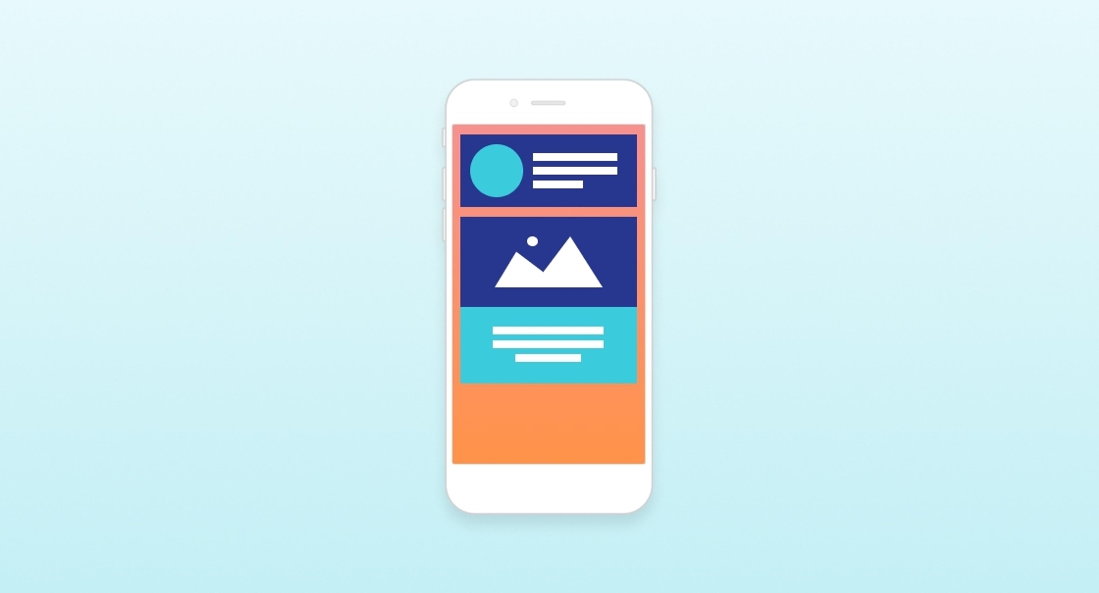 A smartphone displaying a colorful user interface with various sections, including a circle, a mountain image, and text blocks. The background is a light gradient.