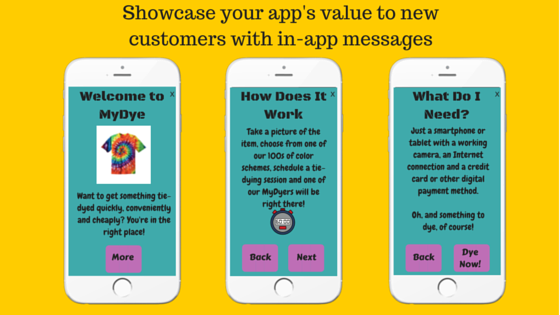 Three smartphones displaying an app called MyDye, featuring welcome messages, instructions on how to use the app, and requirements for users. The background is bright yellow with teal and pink accents.