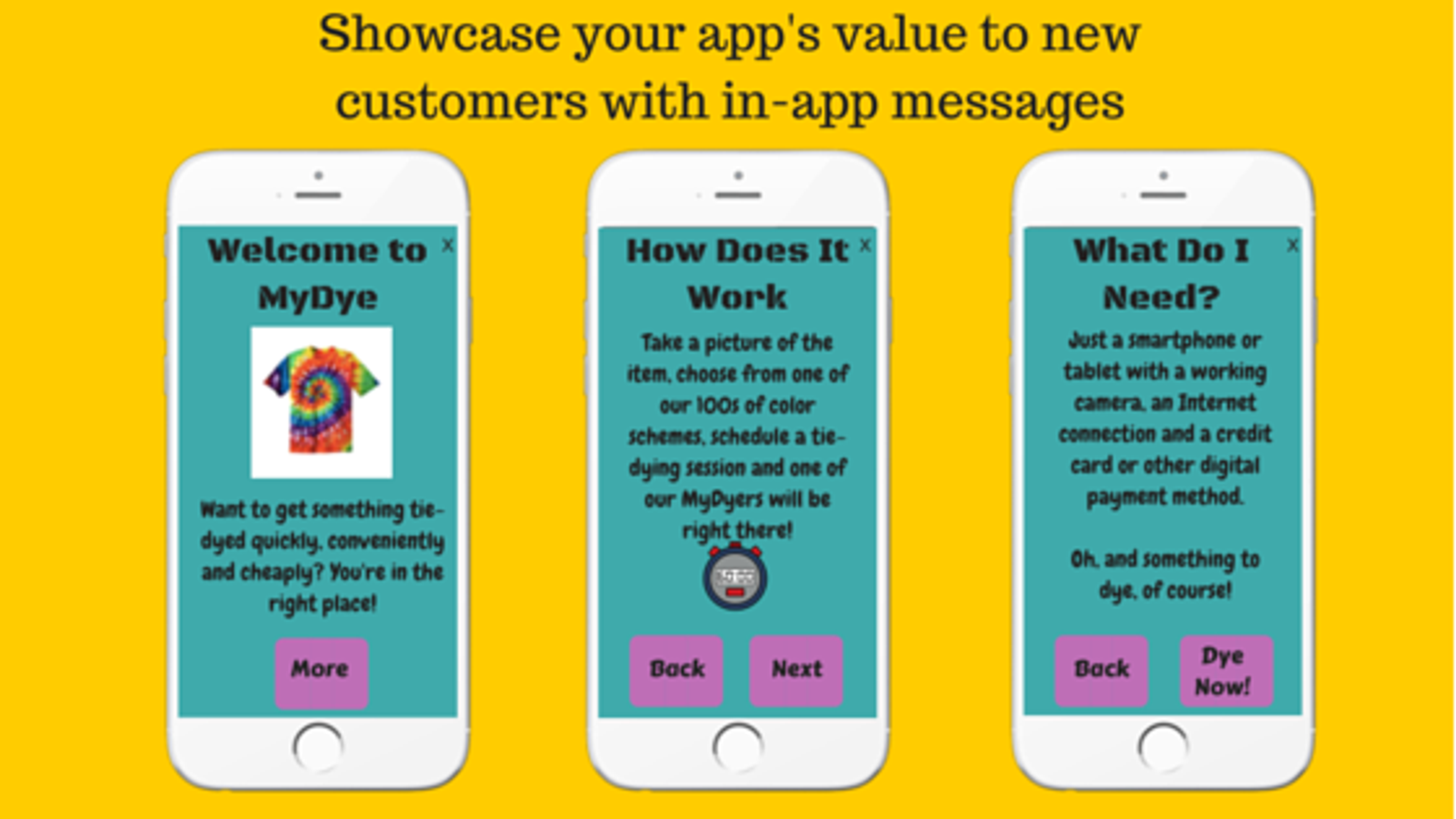 Three smartphones displaying an app called MyDye, featuring welcome messages, instructions on how to use the app, and requirements for users. The background is bright yellow with teal and pink accents.