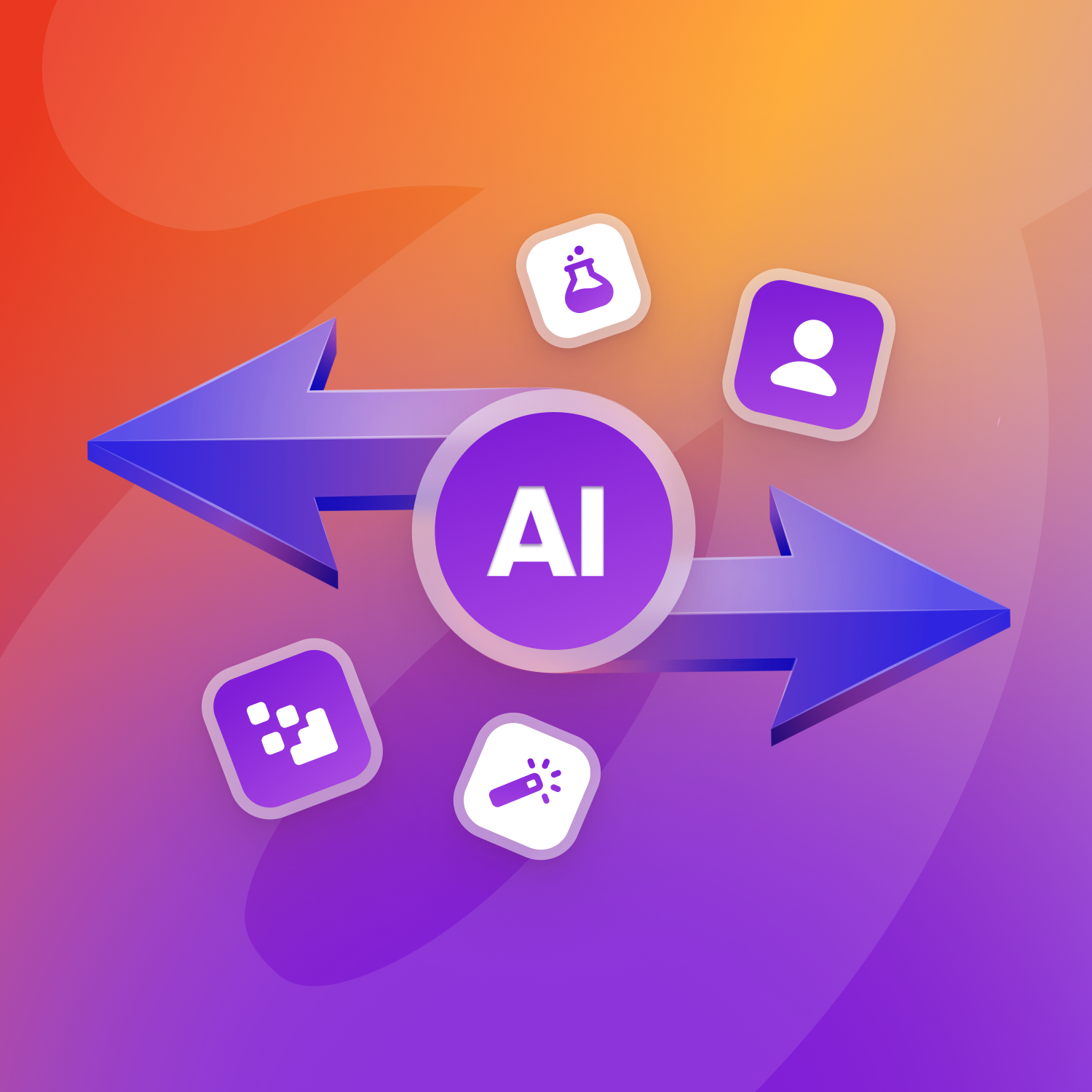 AI symbol with bidirectional arrows connecting to icons for user, science, data, and creativity.