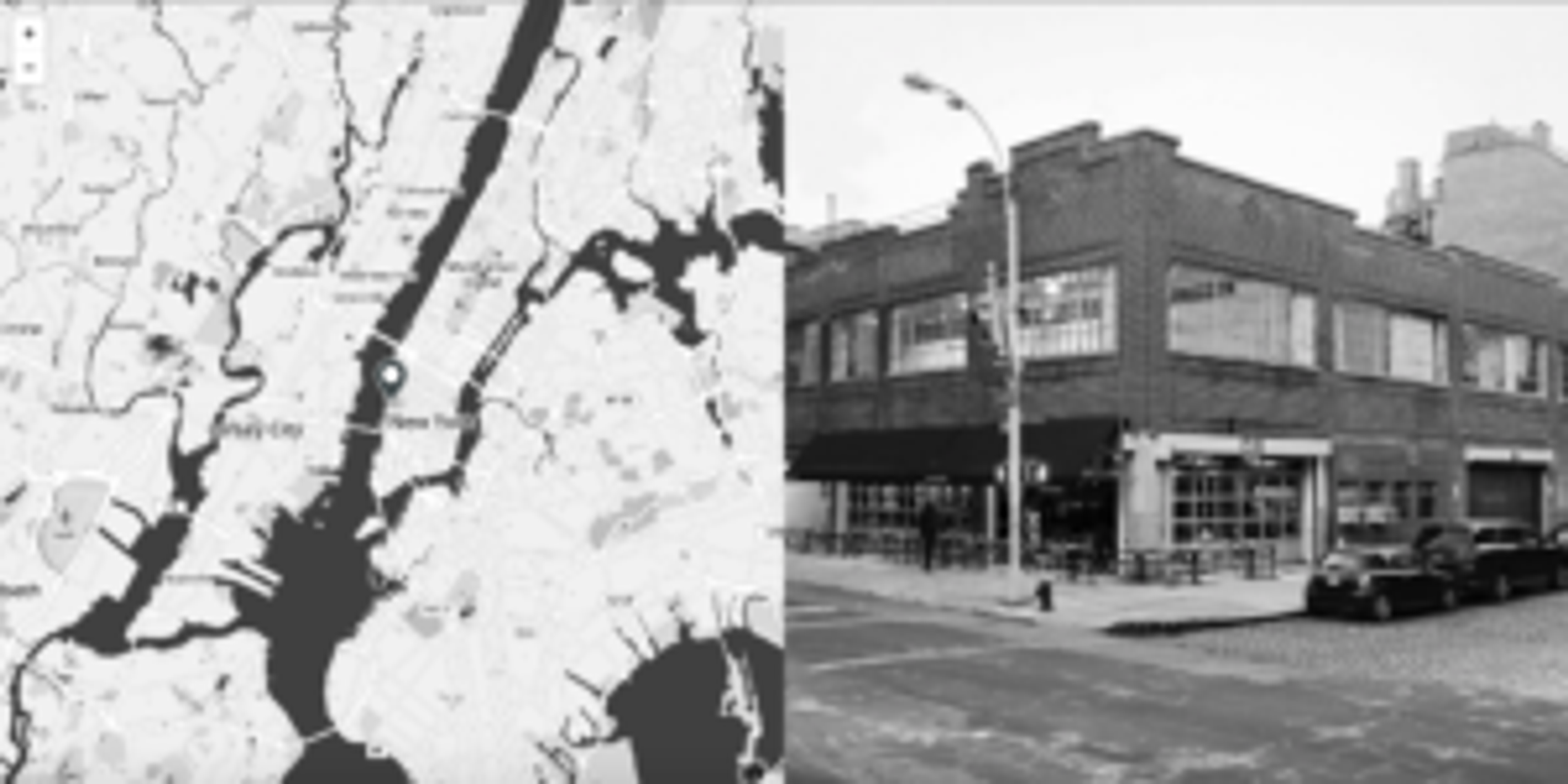 A black and white map of New York City is shown alongside a photo of a brick building with large windows and outdoor seating. A parked car is visible on the street.