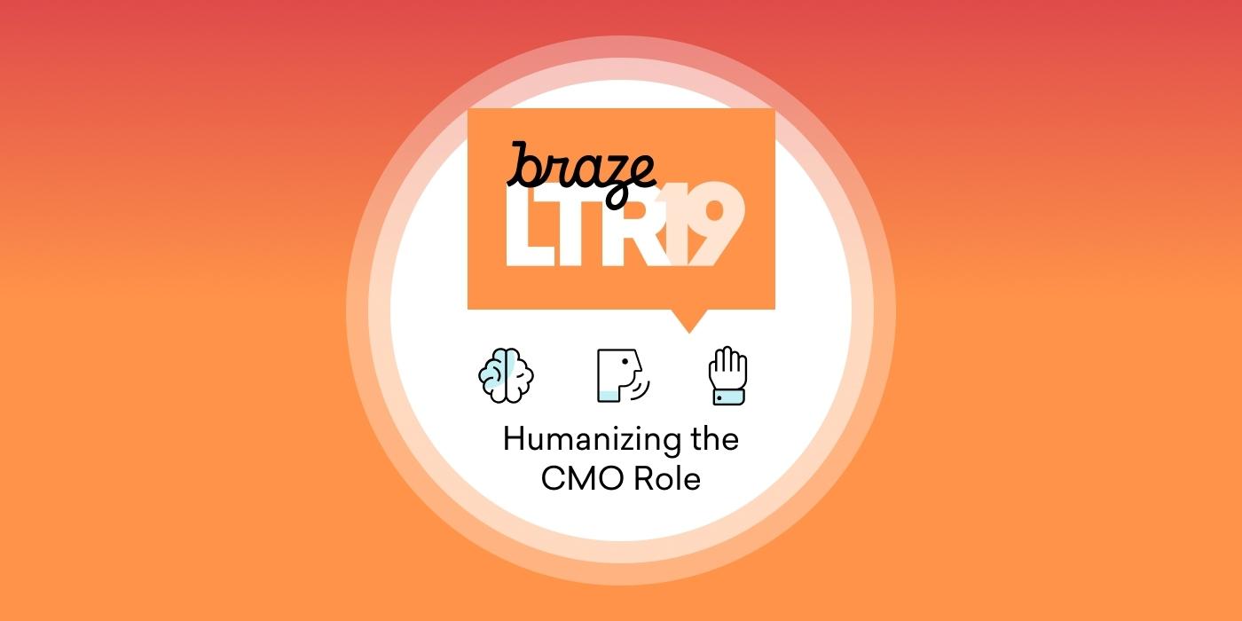 A graphic featuring the text "Humanizing the CMO Role" with icons representing a brain, a speech bubble, and a hand. The background has a gradient from orange to pink.