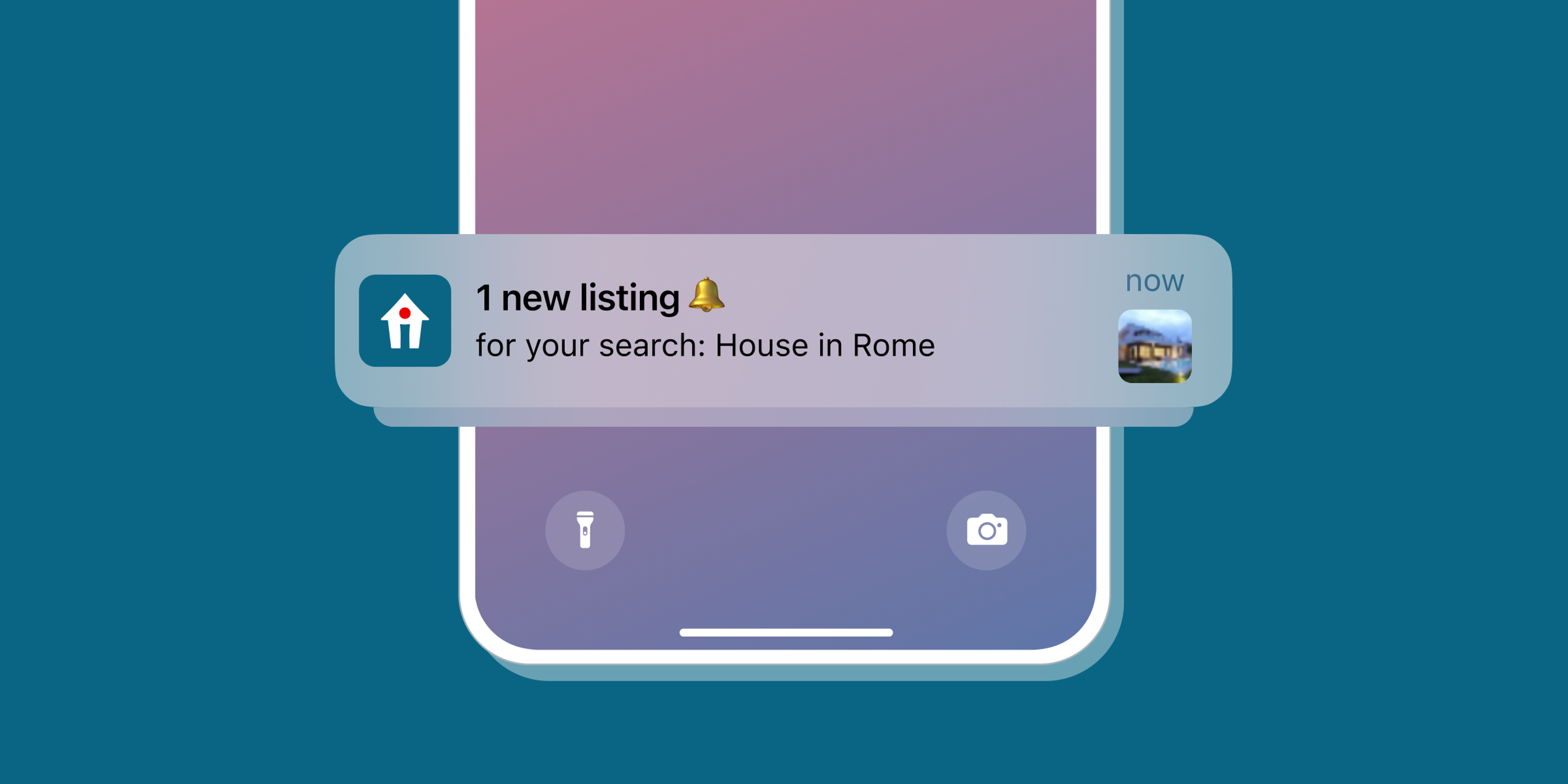 A smartphone screen displays a notification about a new listing for a house in Rome. The background is a gradient of purple and blue.