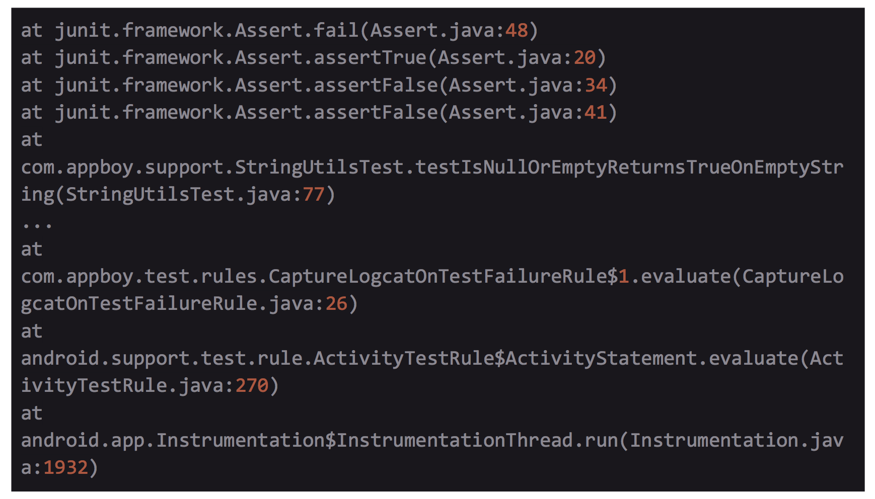 Error log from a Java application, showing stack trace and method calls related to a failed assertion in a test case.