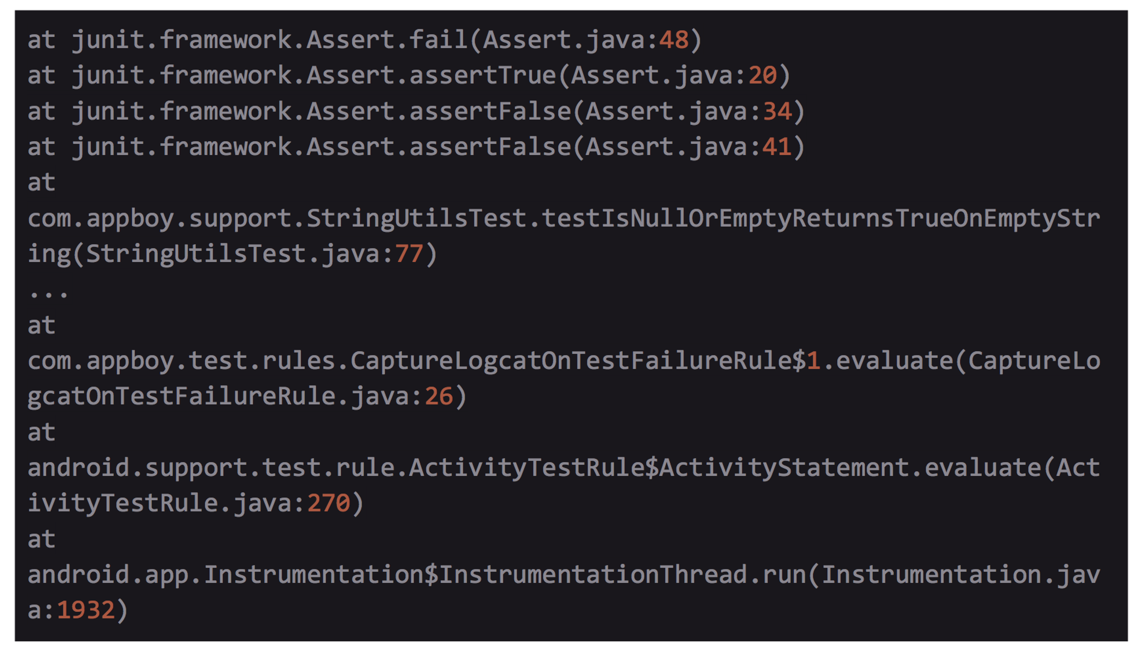 Error log from a Java application, showing stack trace and method calls related to a failed assertion in a test case.
