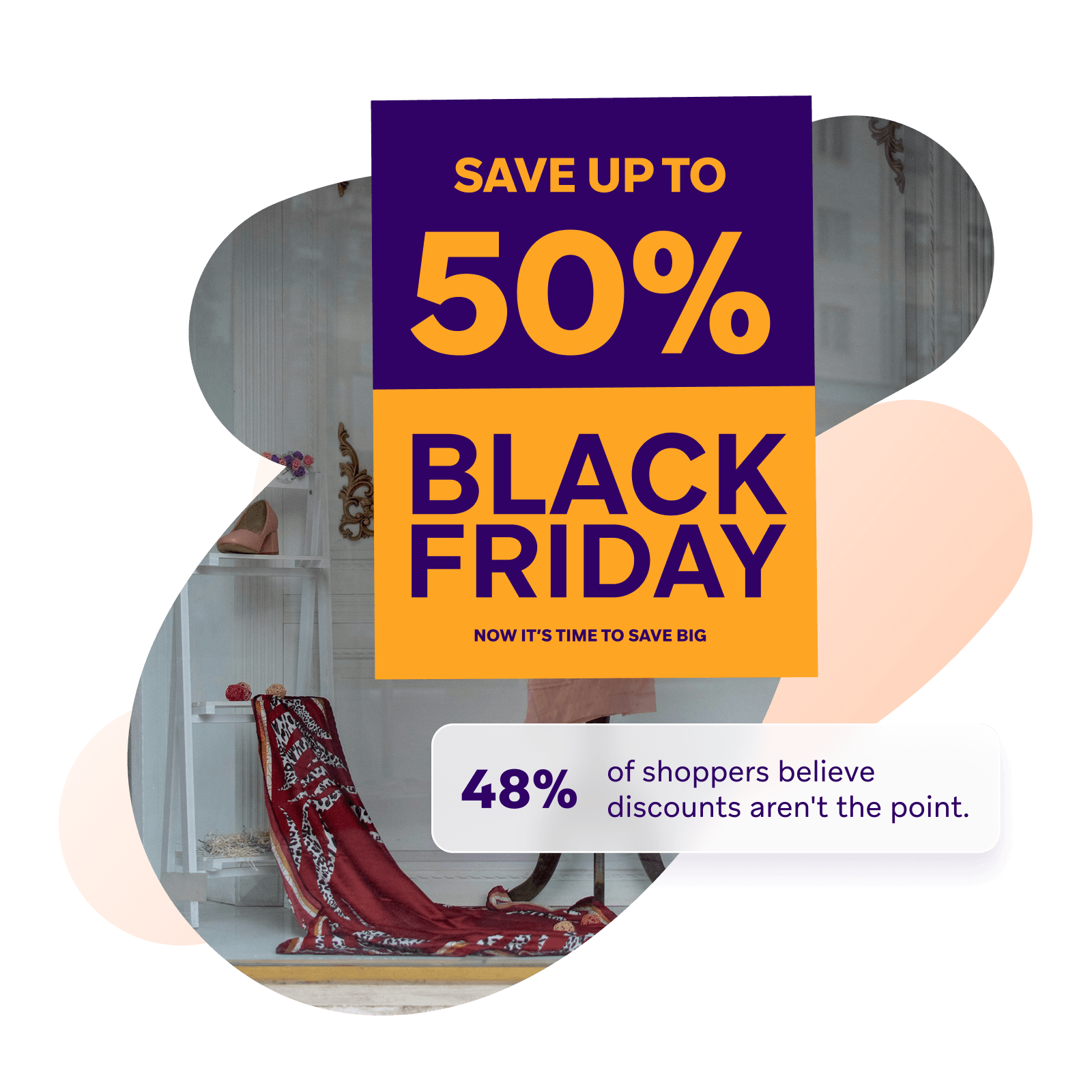 Black Friday promotional graphic featuring the statistic: "48% of shoppers believe discounts aren't the point."