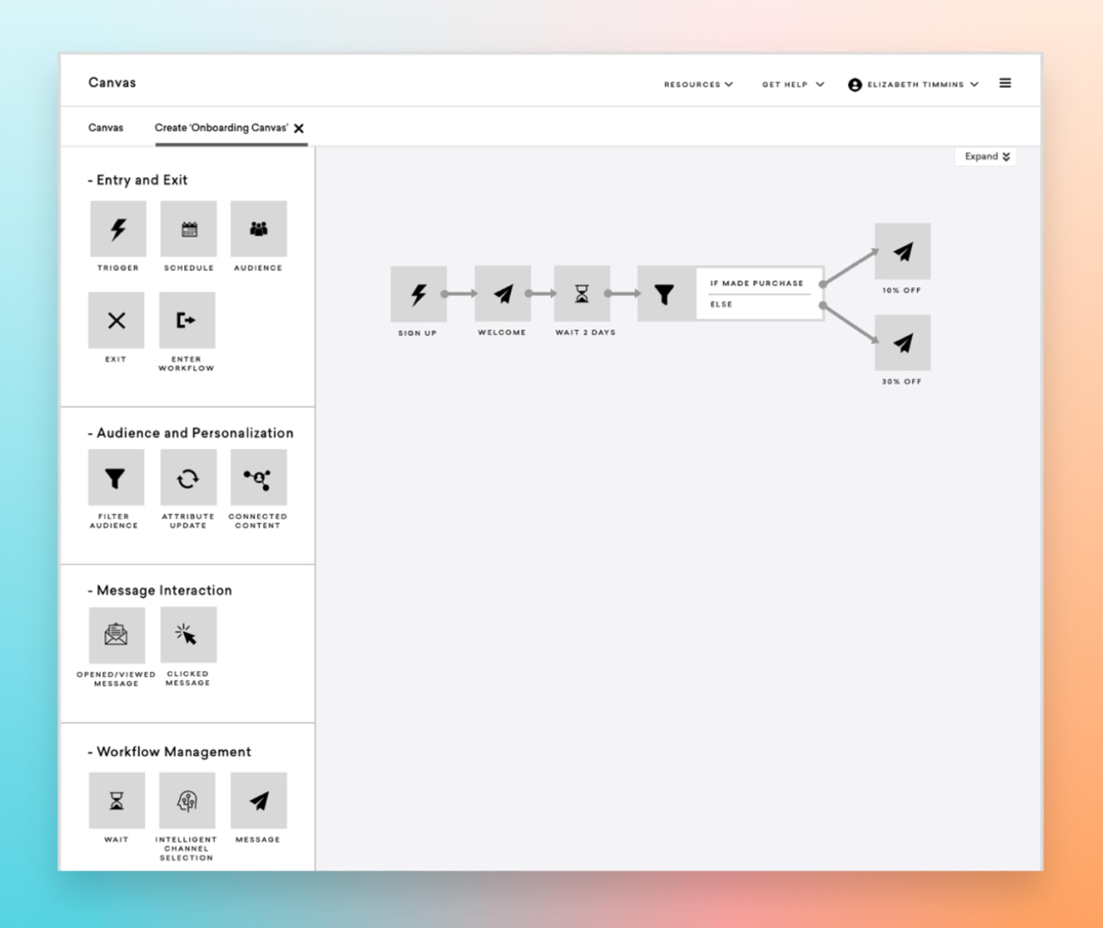 A user interface for creating an onboarding canvas, featuring options for entry and exit triggers, audience personalization, message interaction, and workflow management. The canvas includes a flowchart with steps for sign-up, a welcome message, and a discount offer.