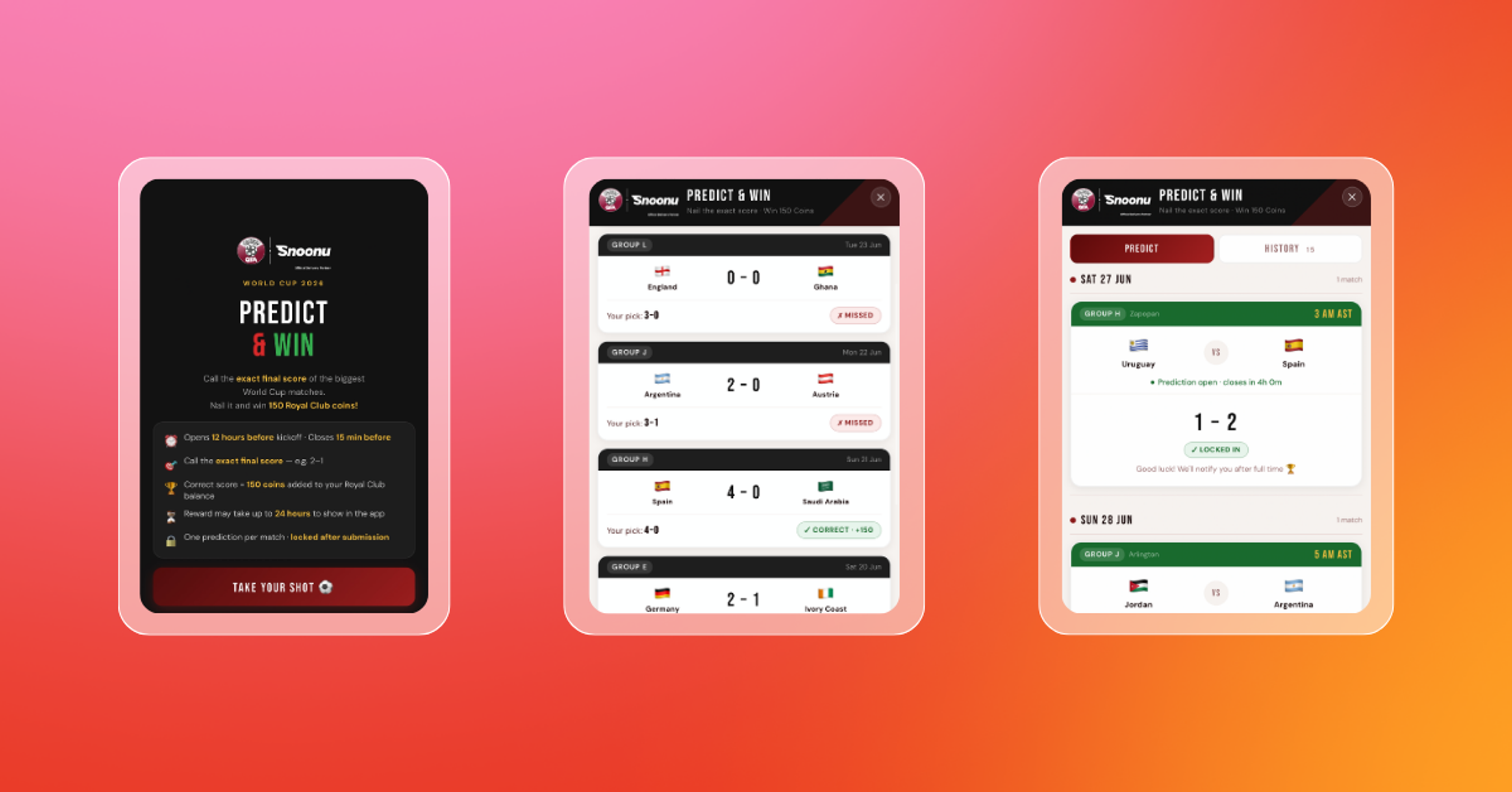 Three mobile screens display Snoonu’s World Cup “Predict & Win” game, including instructions, match results, and score predictions.