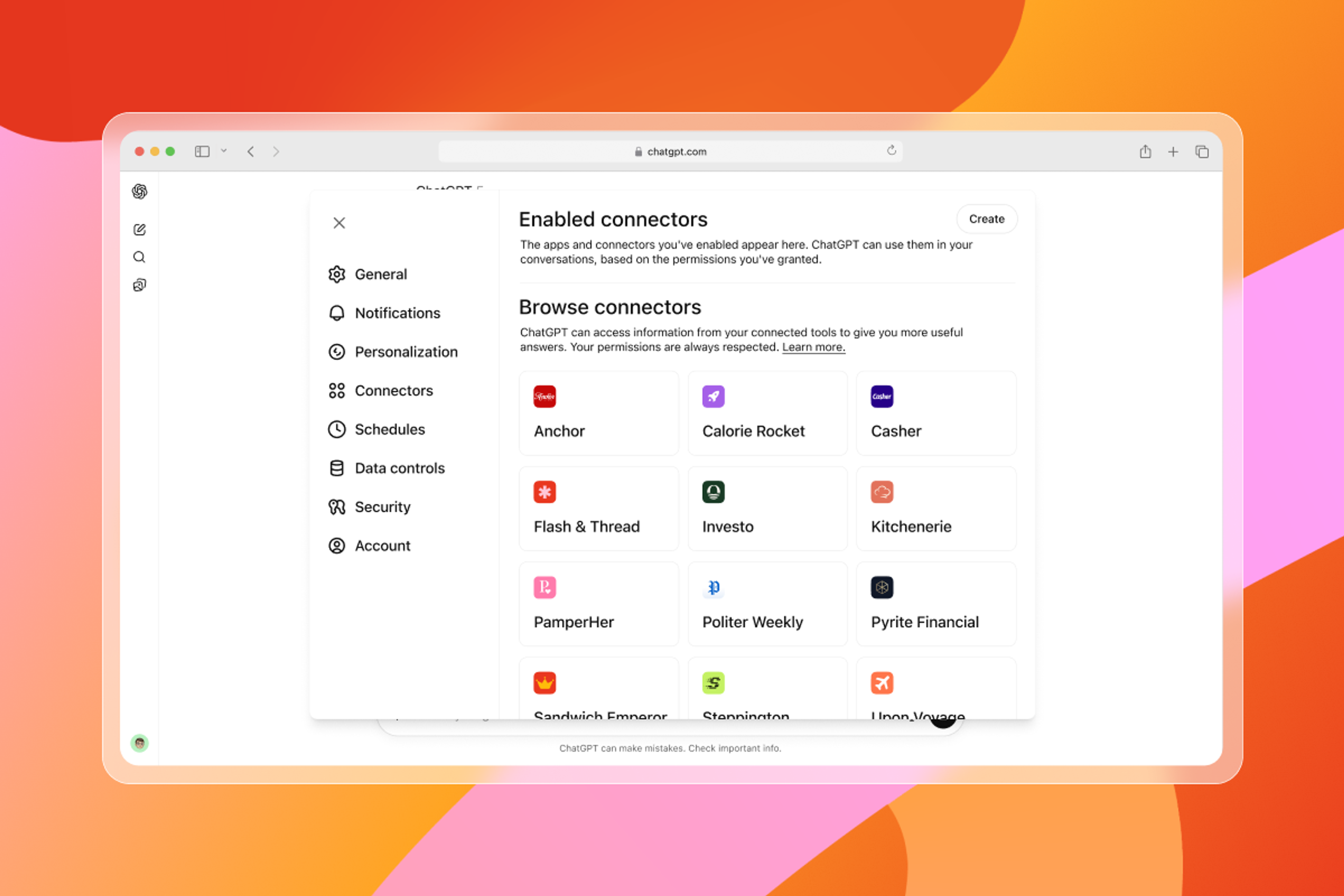 A screenshot of the ChatGPT "Connectors" settings page in a browser, listing various third-party application integrations.