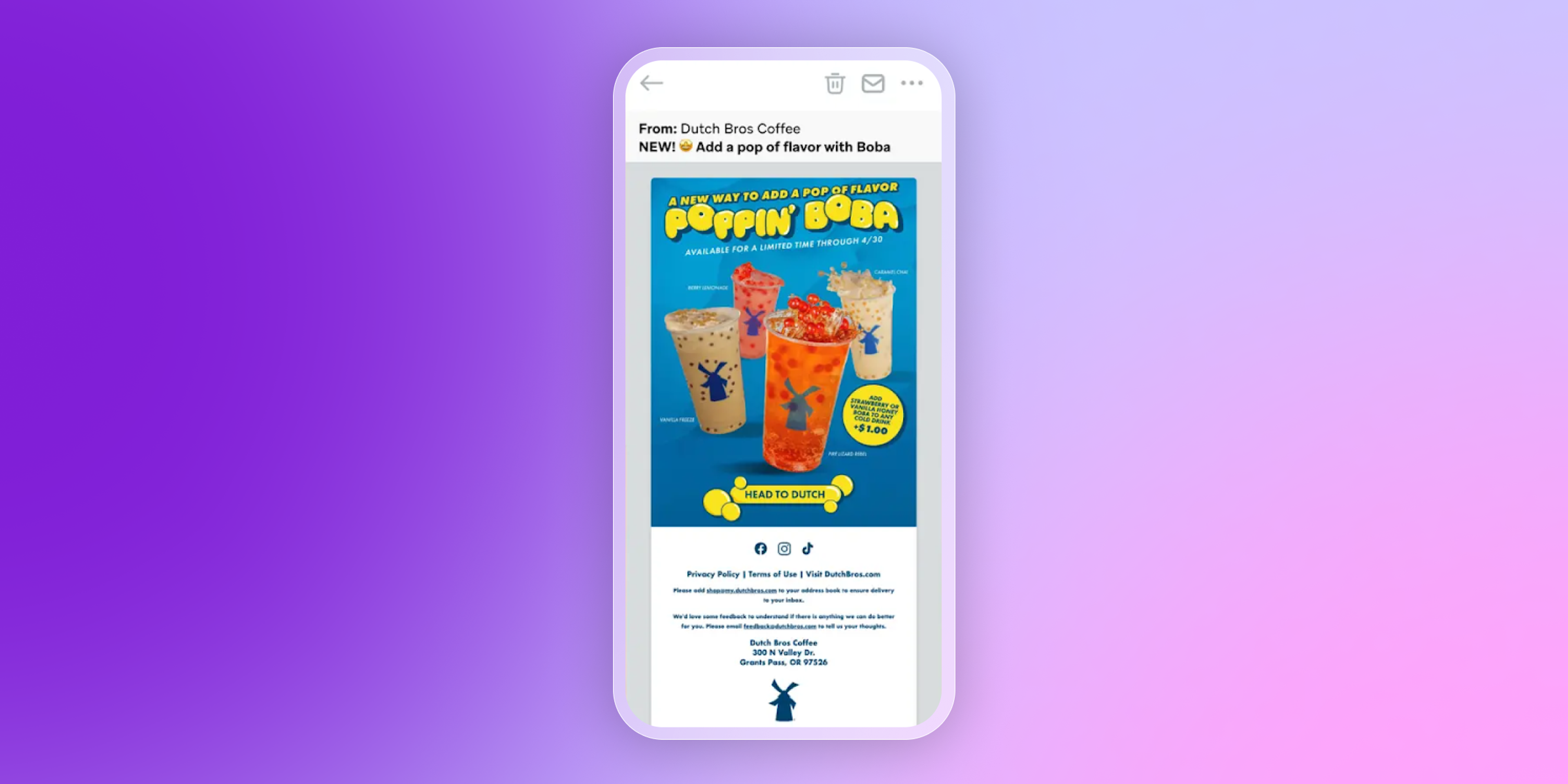 a phone is displaying an email from dutch bros coffee .
