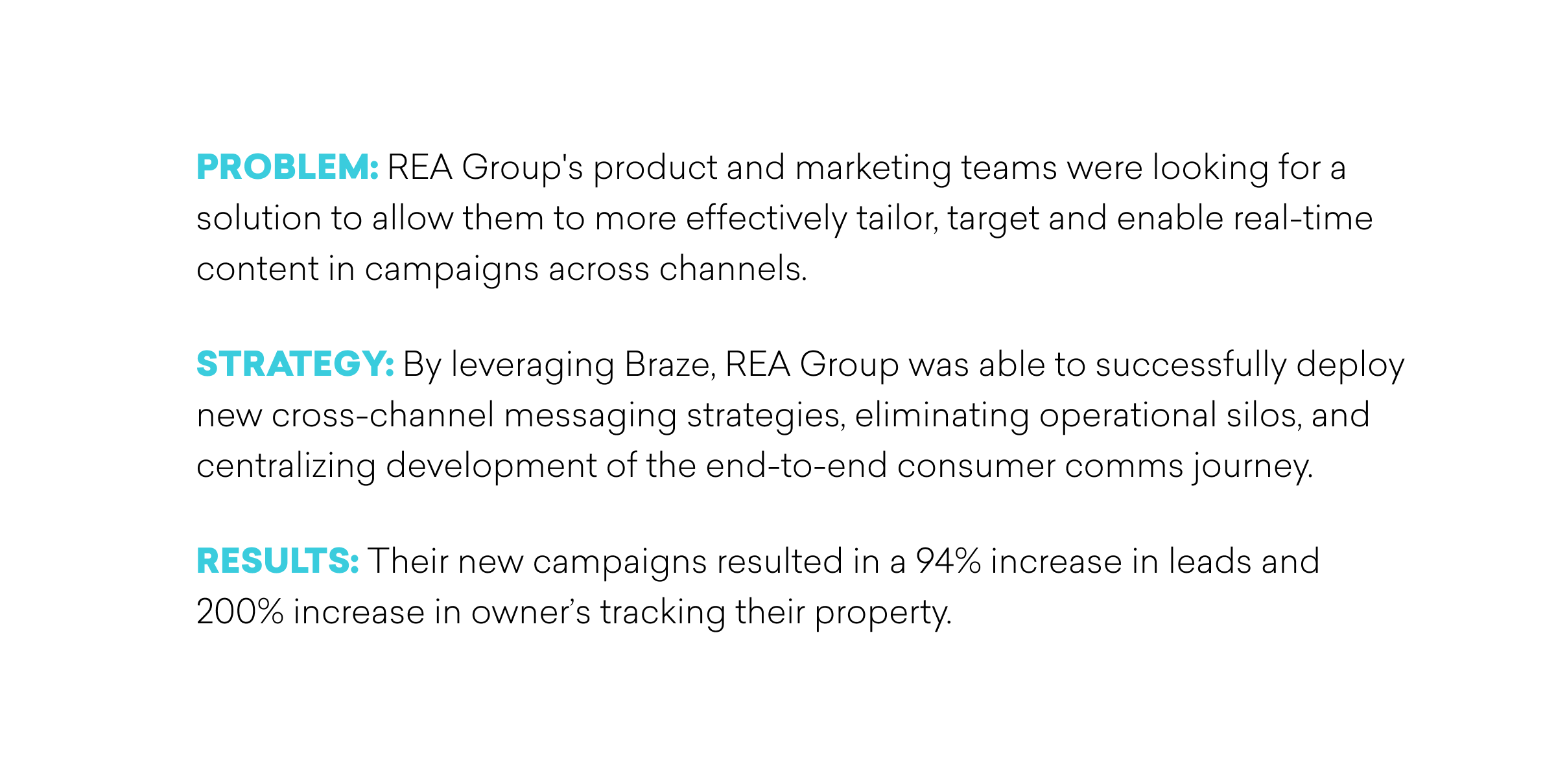 Text on a presentation slide outlining a marketing case study. It includes sections on the problem, strategy, and results, highlighting a 94% increase in leads.