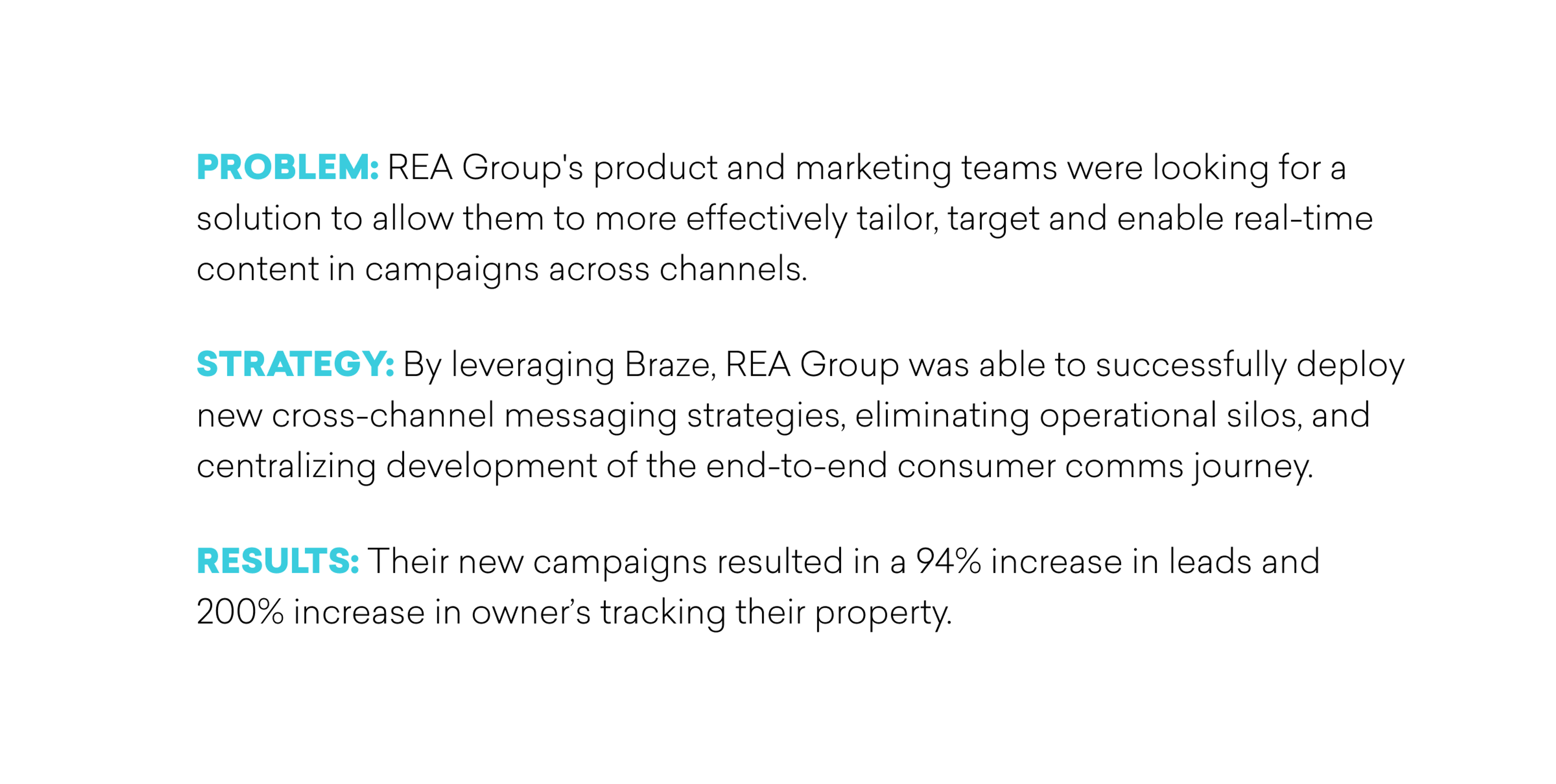 Text on a presentation slide outlining a marketing case study. It includes sections on the problem, strategy, and results, highlighting a 94% increase in leads.