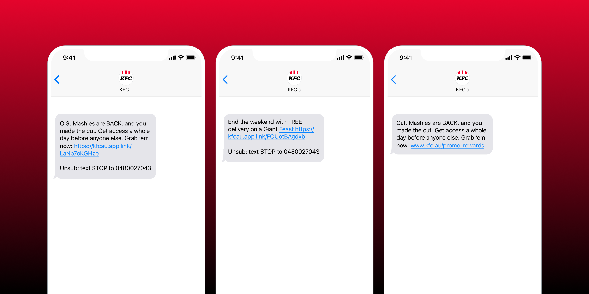 Three smartphone screens displaying text messages from KFC promoting special offers and free delivery. The messages encourage users to text for more information.