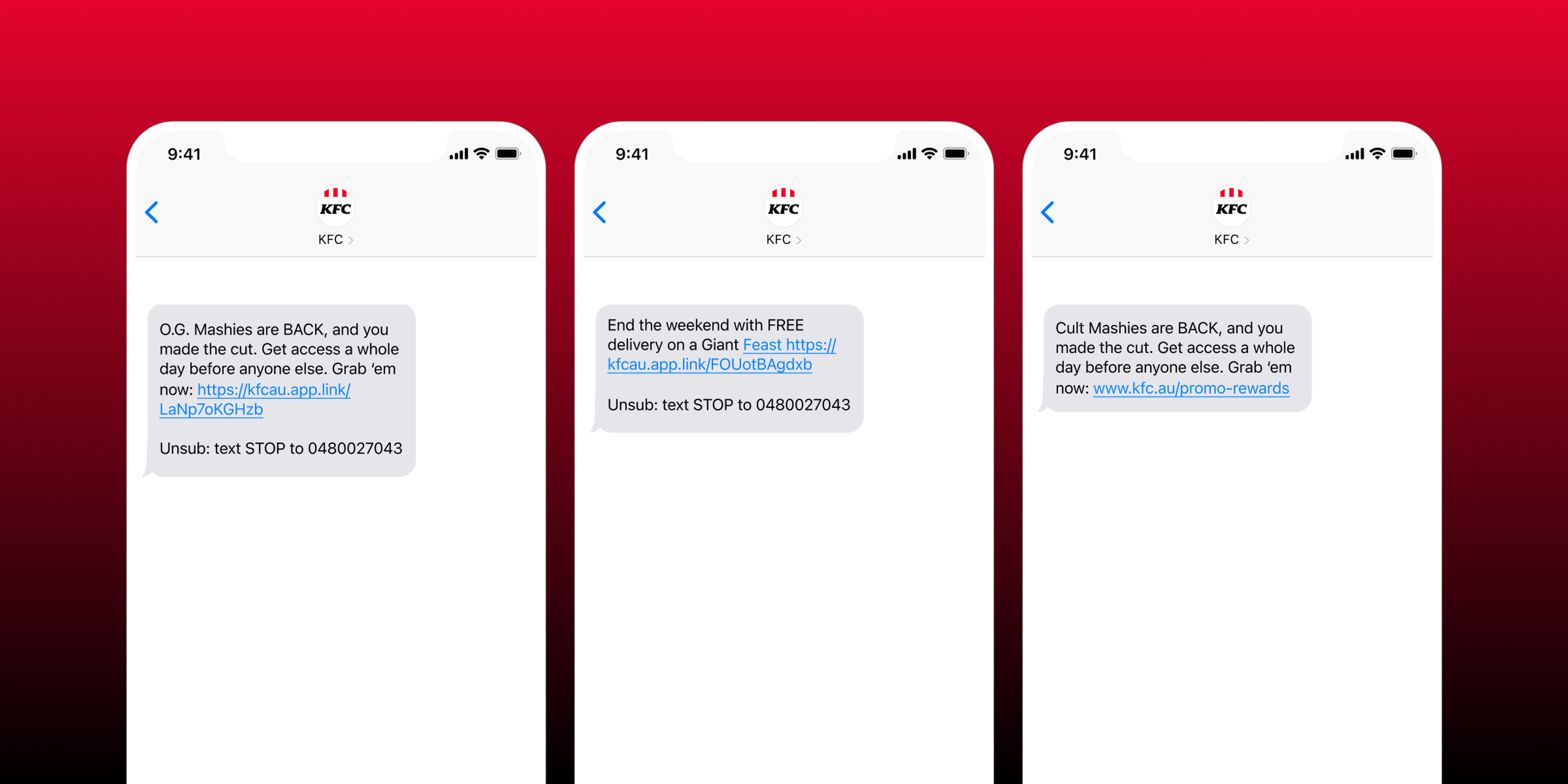 Three smartphone screens displaying text messages from KFC promoting special offers and free delivery. The messages encourage users to text for more information.