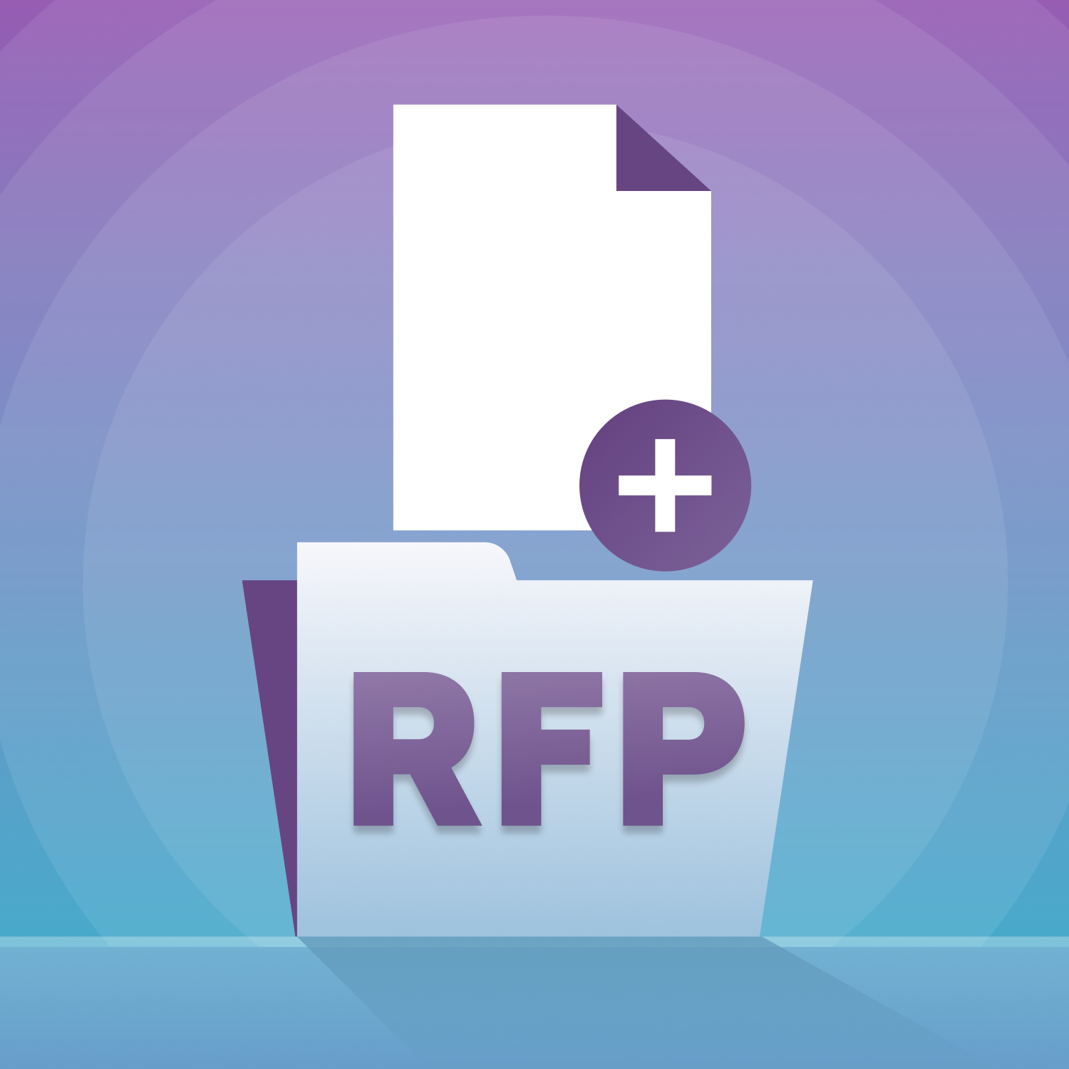 An illustration of a folder labeled "RFP" with a document and a plus sign, set against a gradient background.