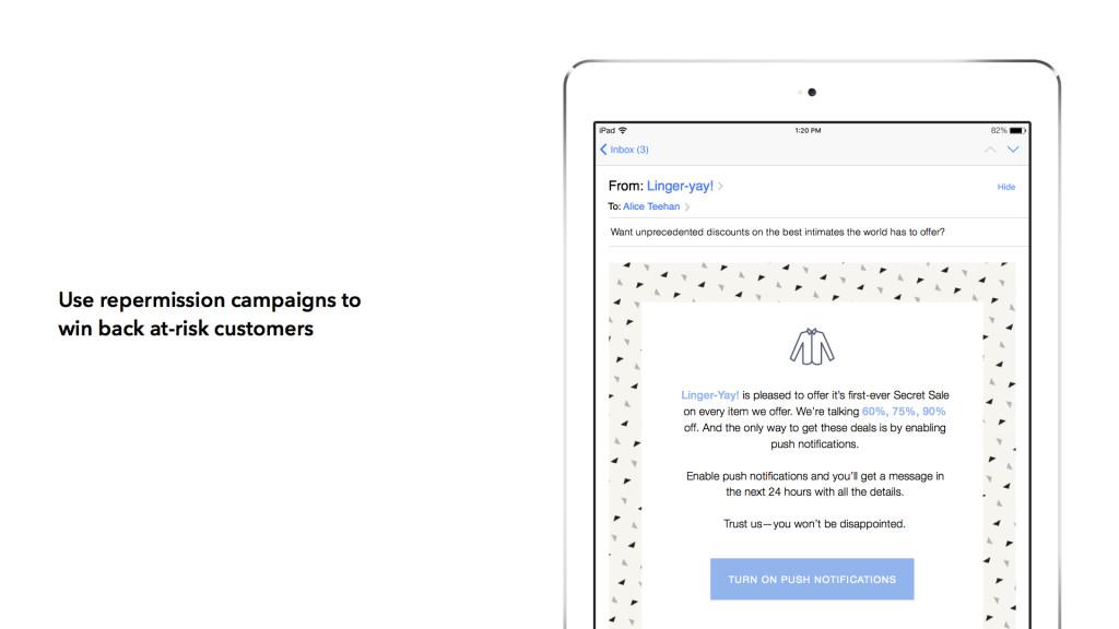 An email on a tablet promoting a sale from "Linger-yay" to win back at-risk customers, with a call to turn on push notifications. The background features a pattern of small triangles.
