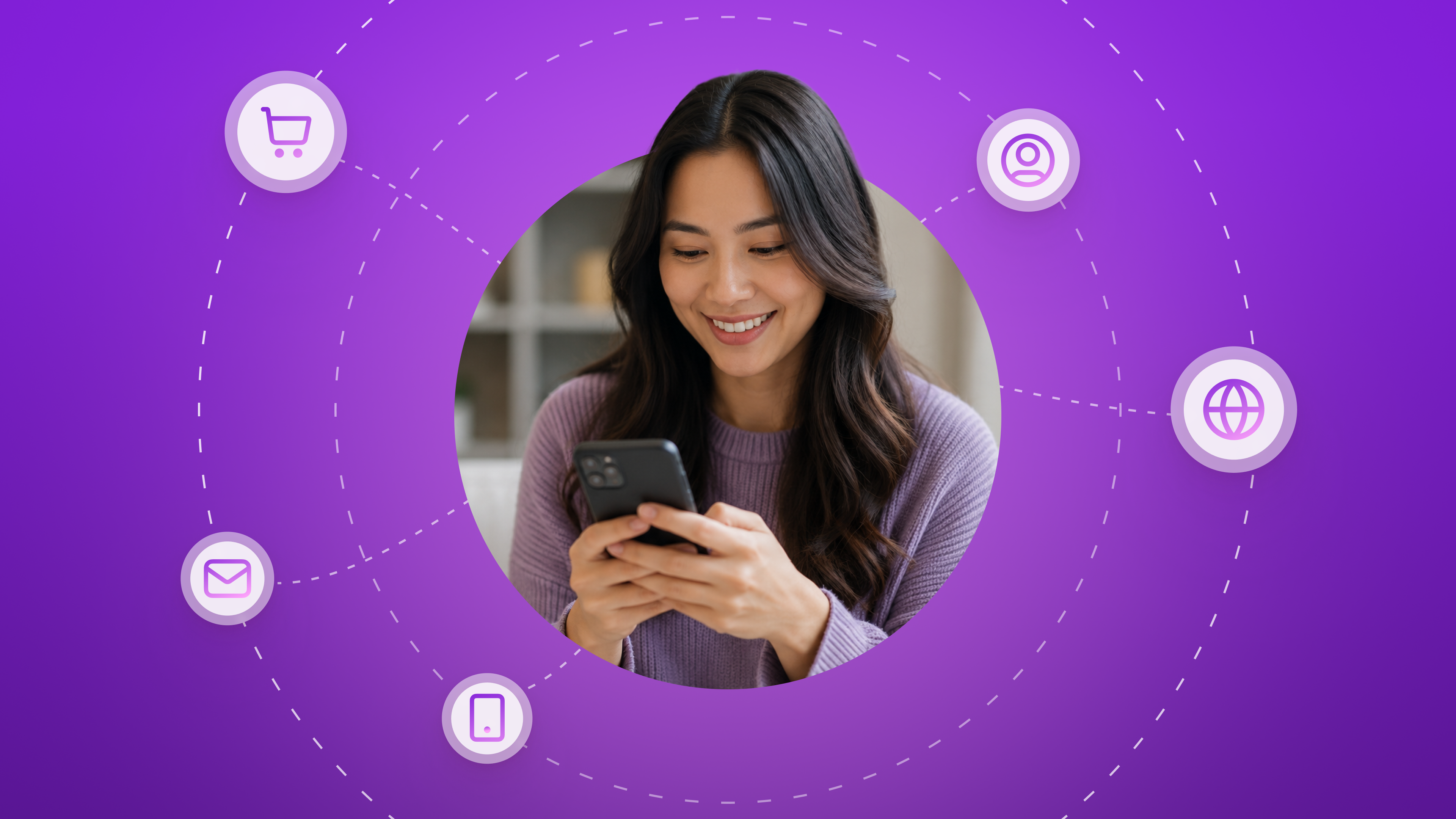 A person on a phone surrounded by icons