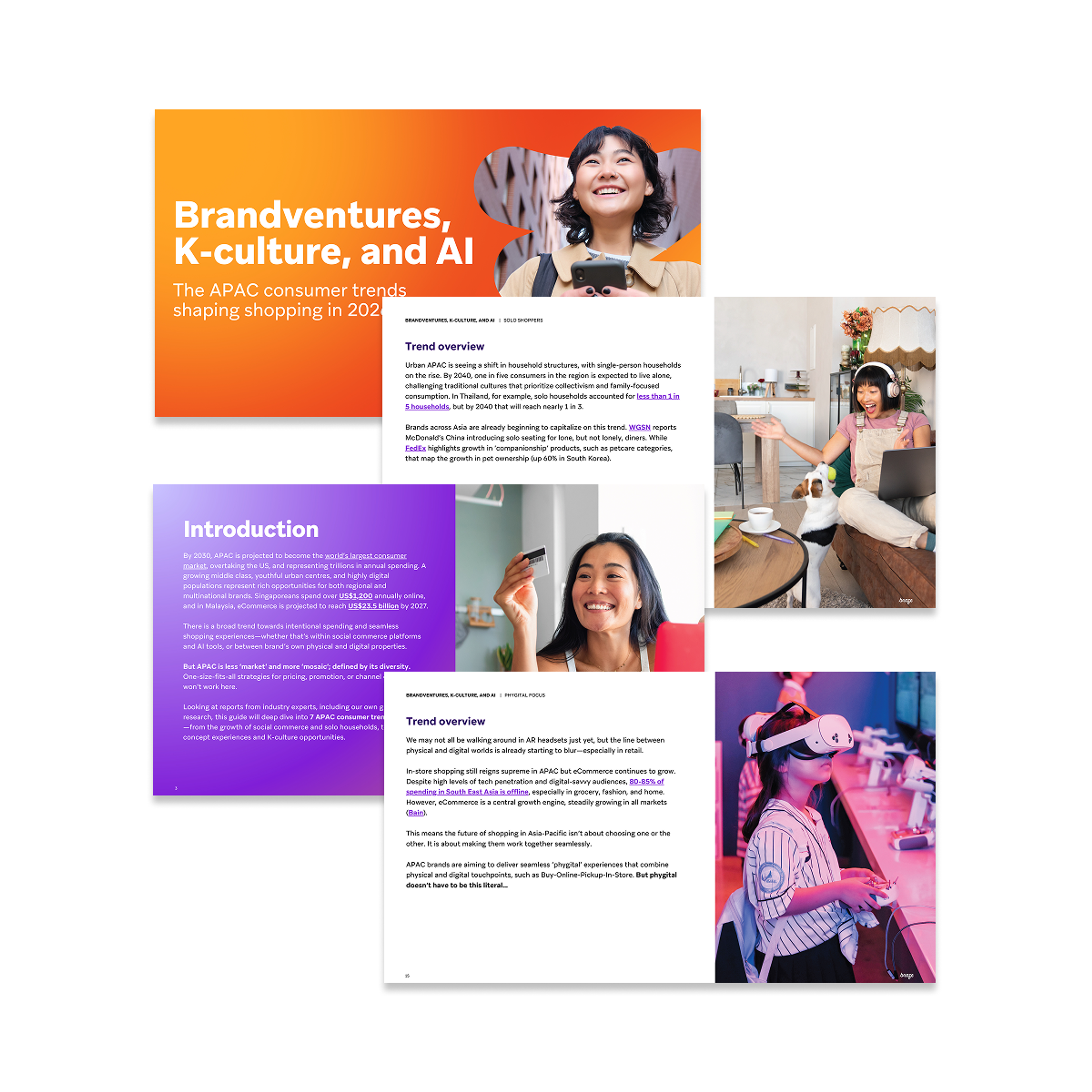 Pages from a report titled 'Brandventures, K-culture, and AI', featuring diverse people engaging with digital trends and virtual reality.