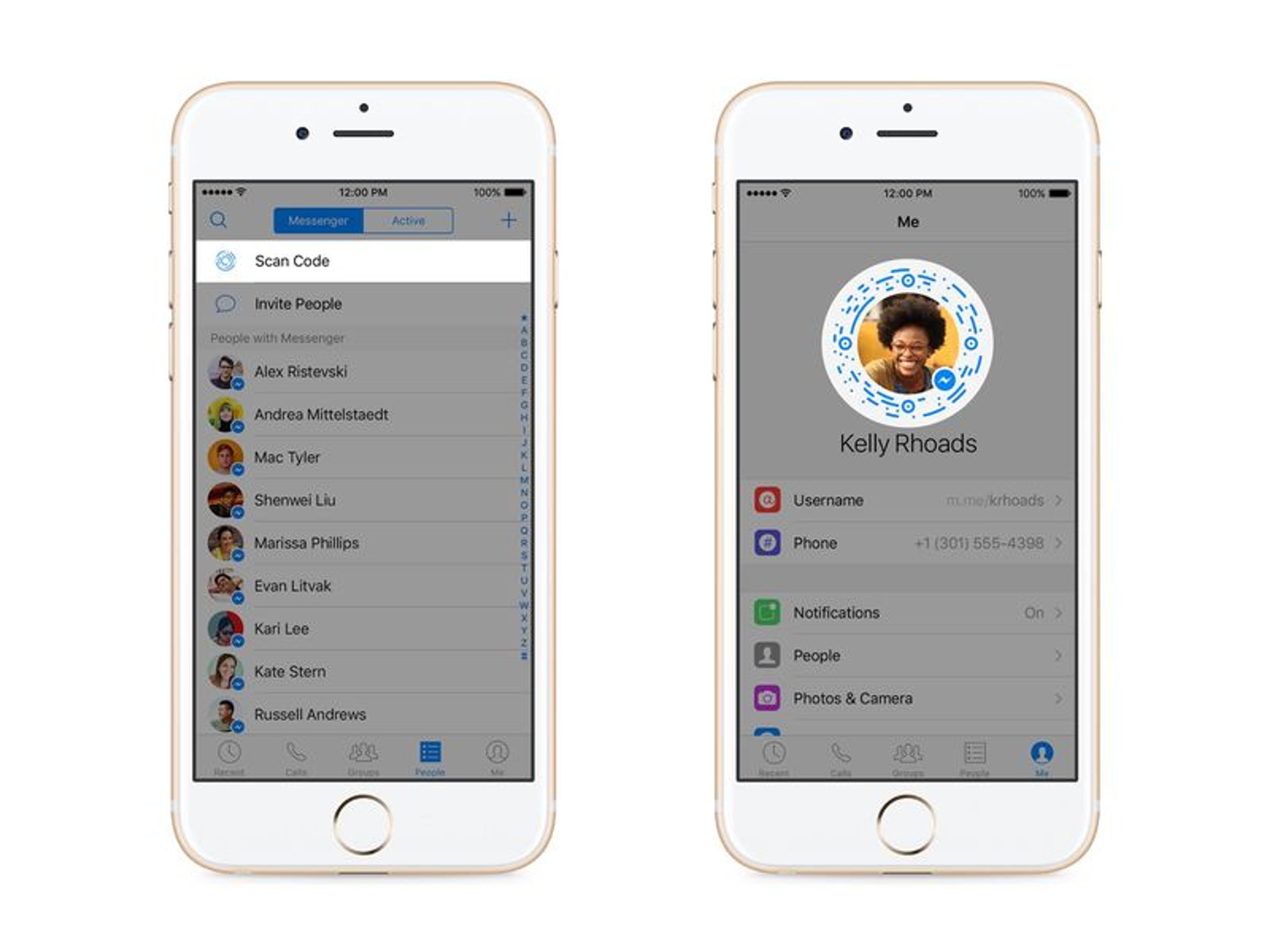 A smartphone screen displaying a messaging app with a contact list on the left and a profile page on the right, featuring a profile picture and contact details.