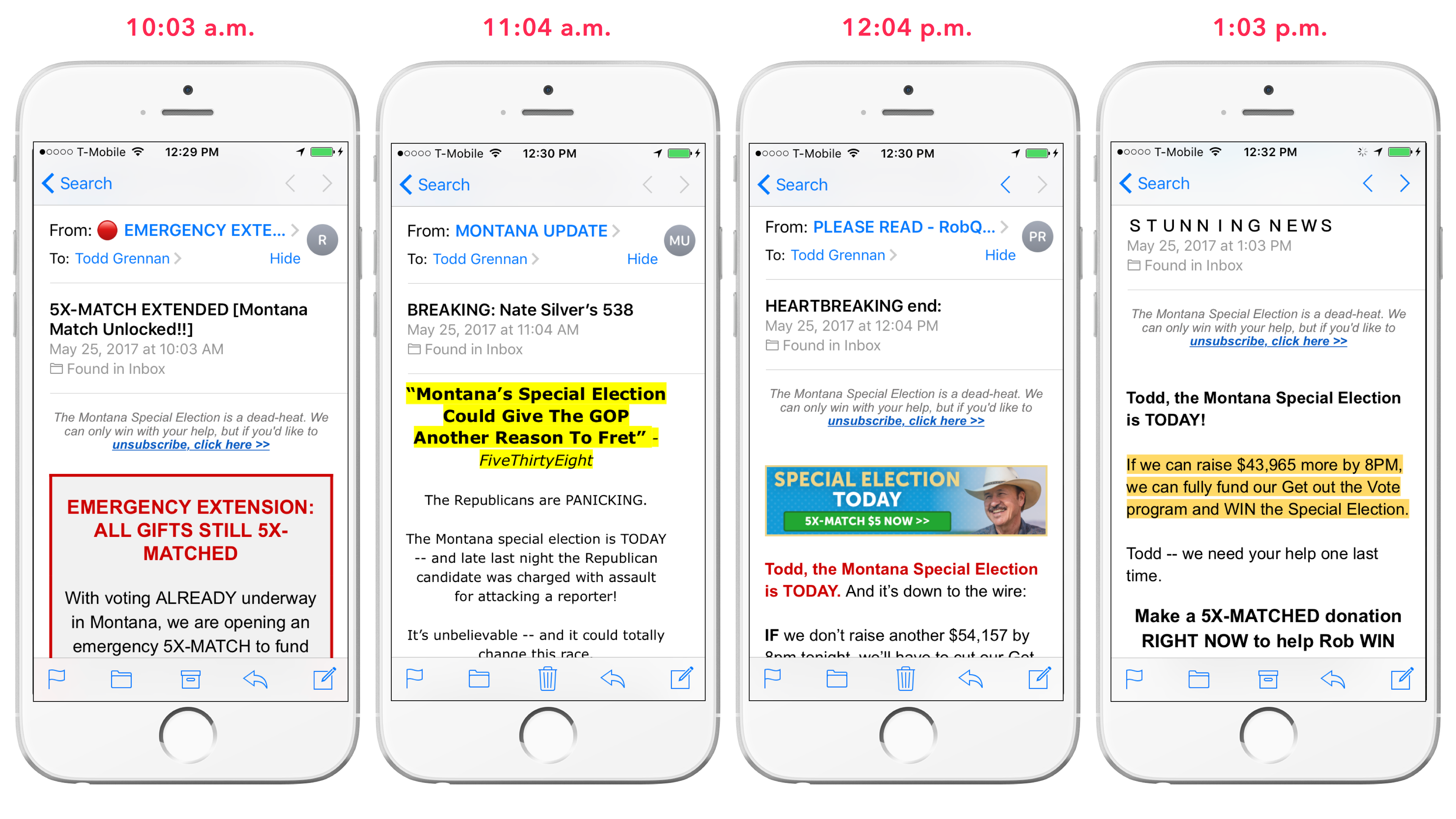 Four smartphone screens displaying emails with urgent updates about a special election in Montana, highlighting deadlines and fundraising efforts. The emails emphasize the importance of participation and financial contributions.