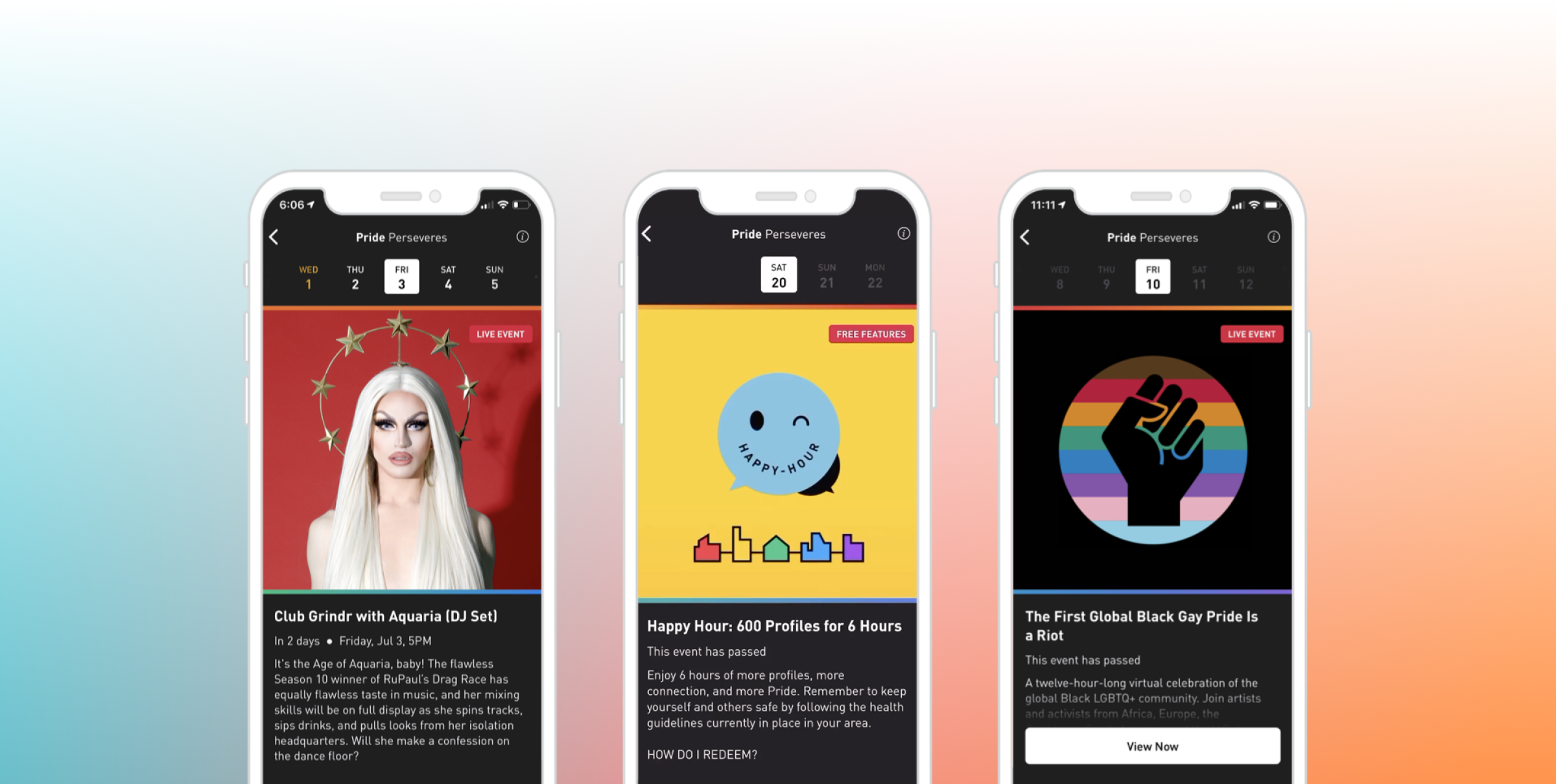 Three smartphone screens displaying event promotions for Pride Passengers. The first features a drag performer, the second highlights a happy hour event, and the third promotes a global Pride event.
