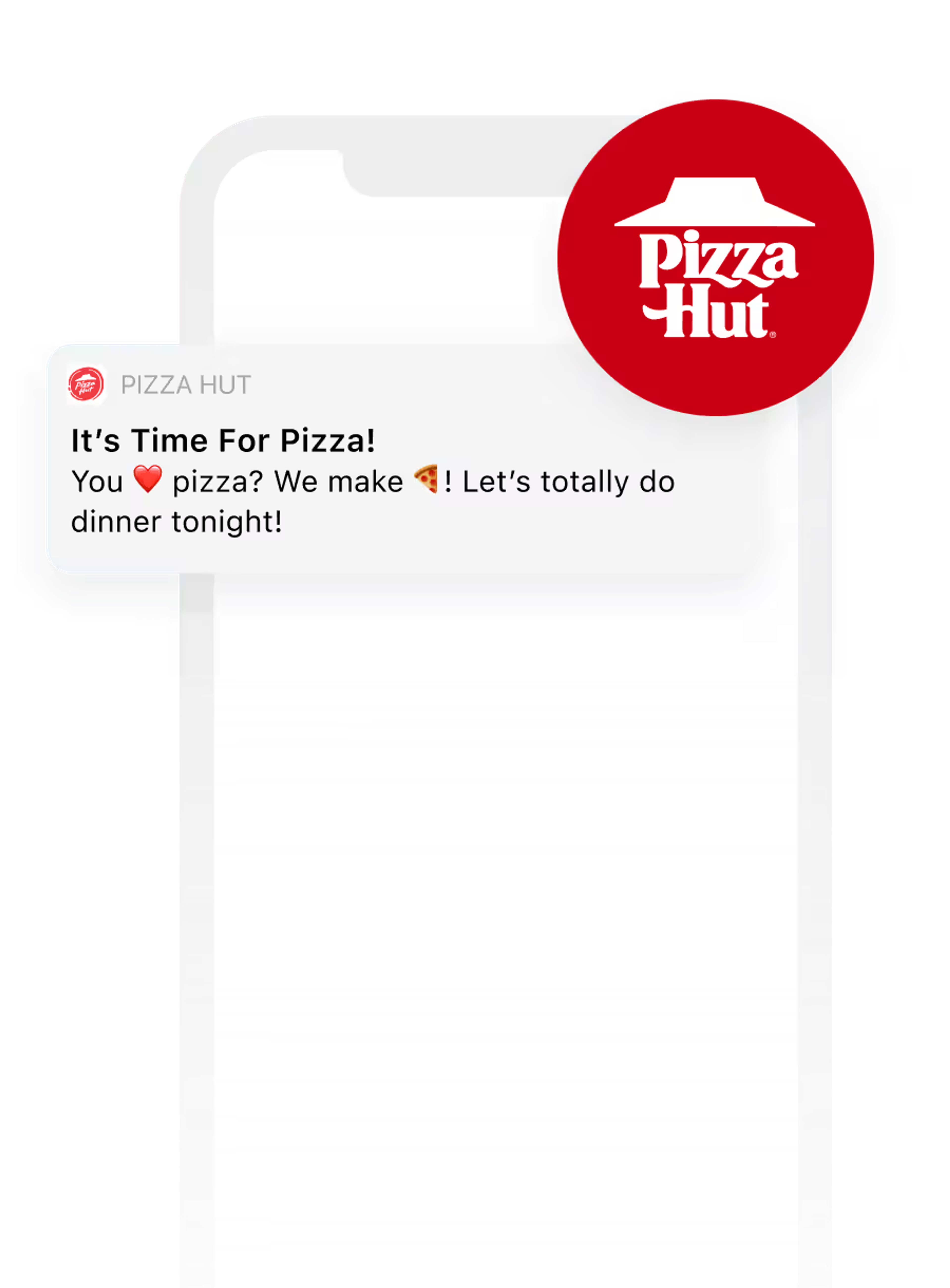 Notification Pizza Hut affichée sur un smartphone, invitant à commander une pizza pour le dîner.