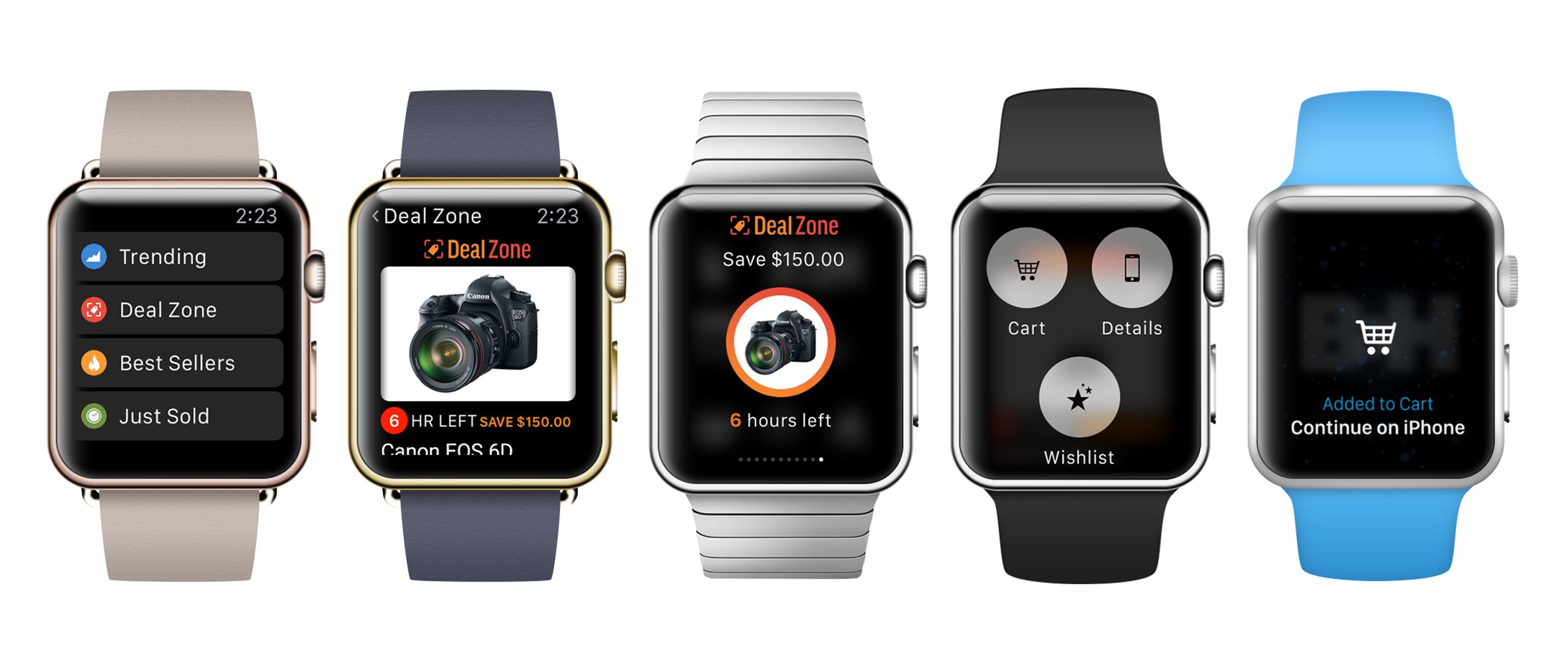 Five Apple Watches displaying various shopping app screens, including deals and cart options. Each watch shows different information related to products and promotions.