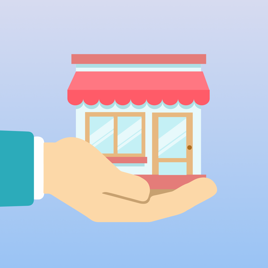 A cartoon hand holds a small shop with a red awning.