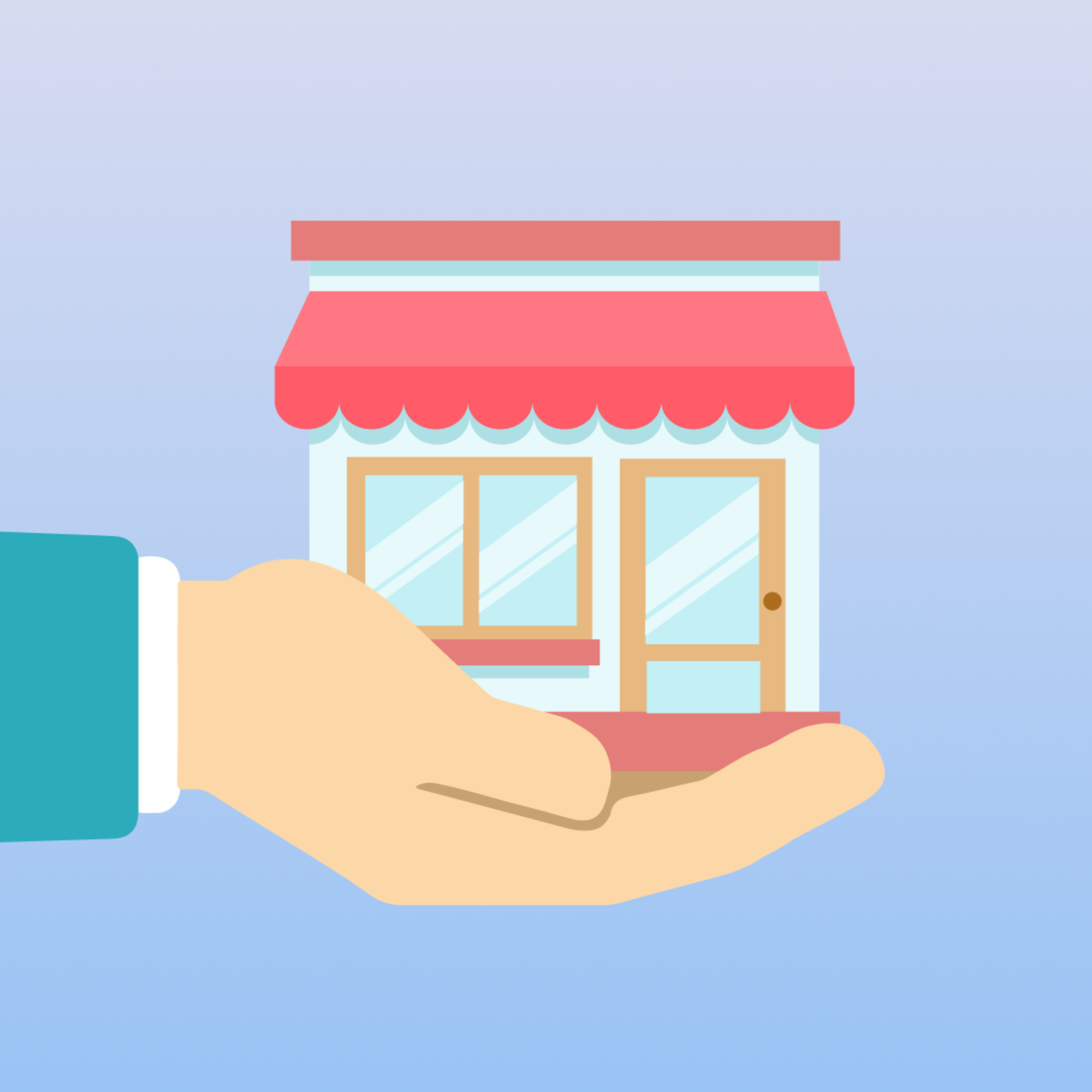 A cartoon hand holds a small shop with a red awning.