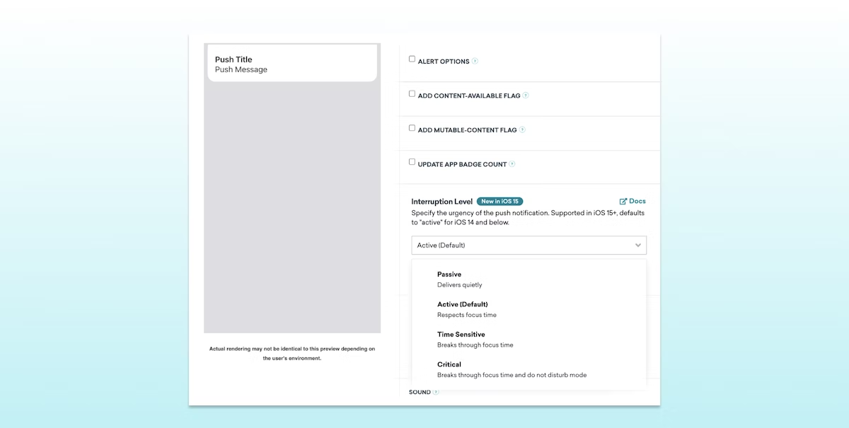 A user interface for setting up a push notification, including fields for title, message, alert options, and urgency levels. The layout features sections for content flags and sound settings.