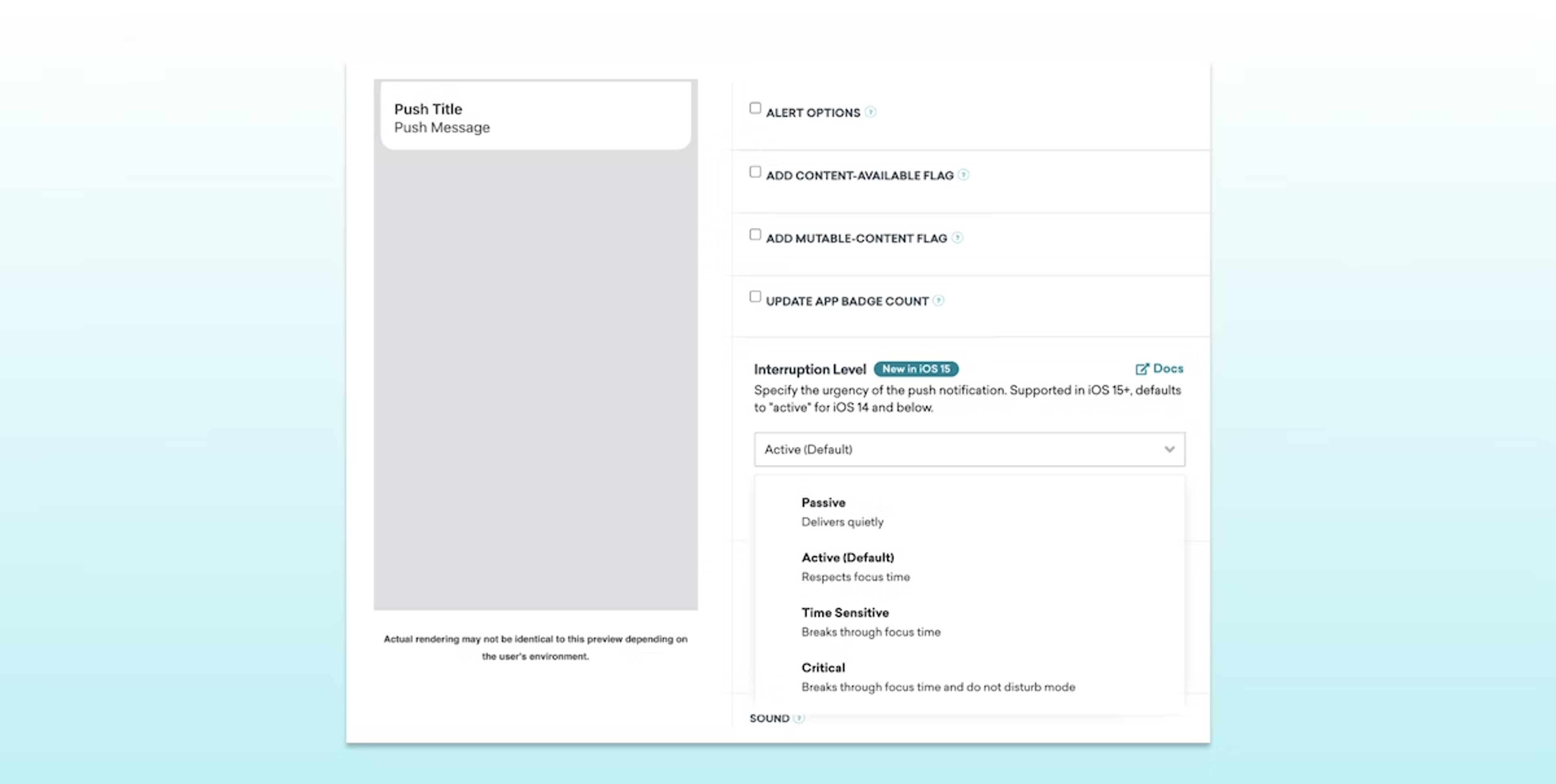 A user interface for setting up a push notification, including fields for title, message, alert options, and urgency levels. The layout features sections for content flags and sound settings.