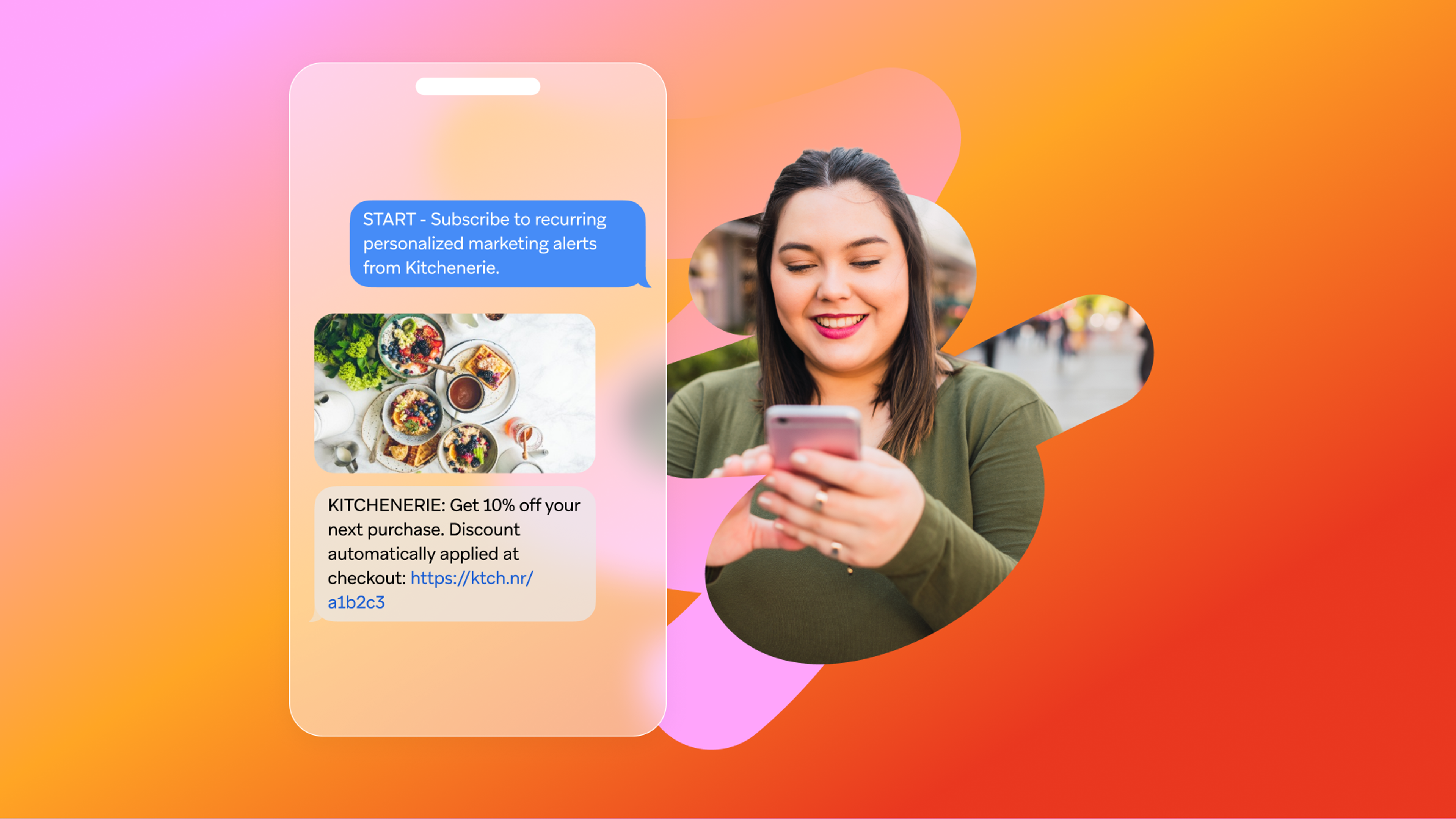 a woman is looking at her phone with a message that says " subscribe to recurring personalized marketing alerts from kitchenerie "