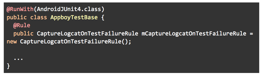 Code snippet showing a Java class definition for a test base in Android, including an annotation and a rule for capturing logs on test failures.