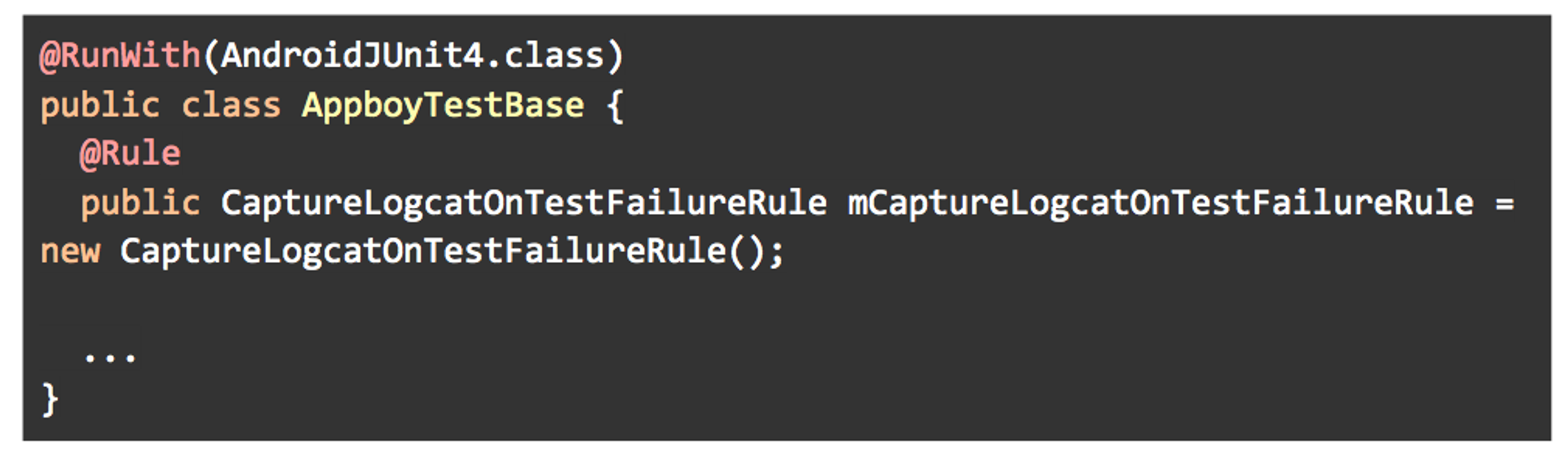 Code snippet showing a Java class definition for a test base in Android, including an annotation and a rule for capturing logs on test failures.