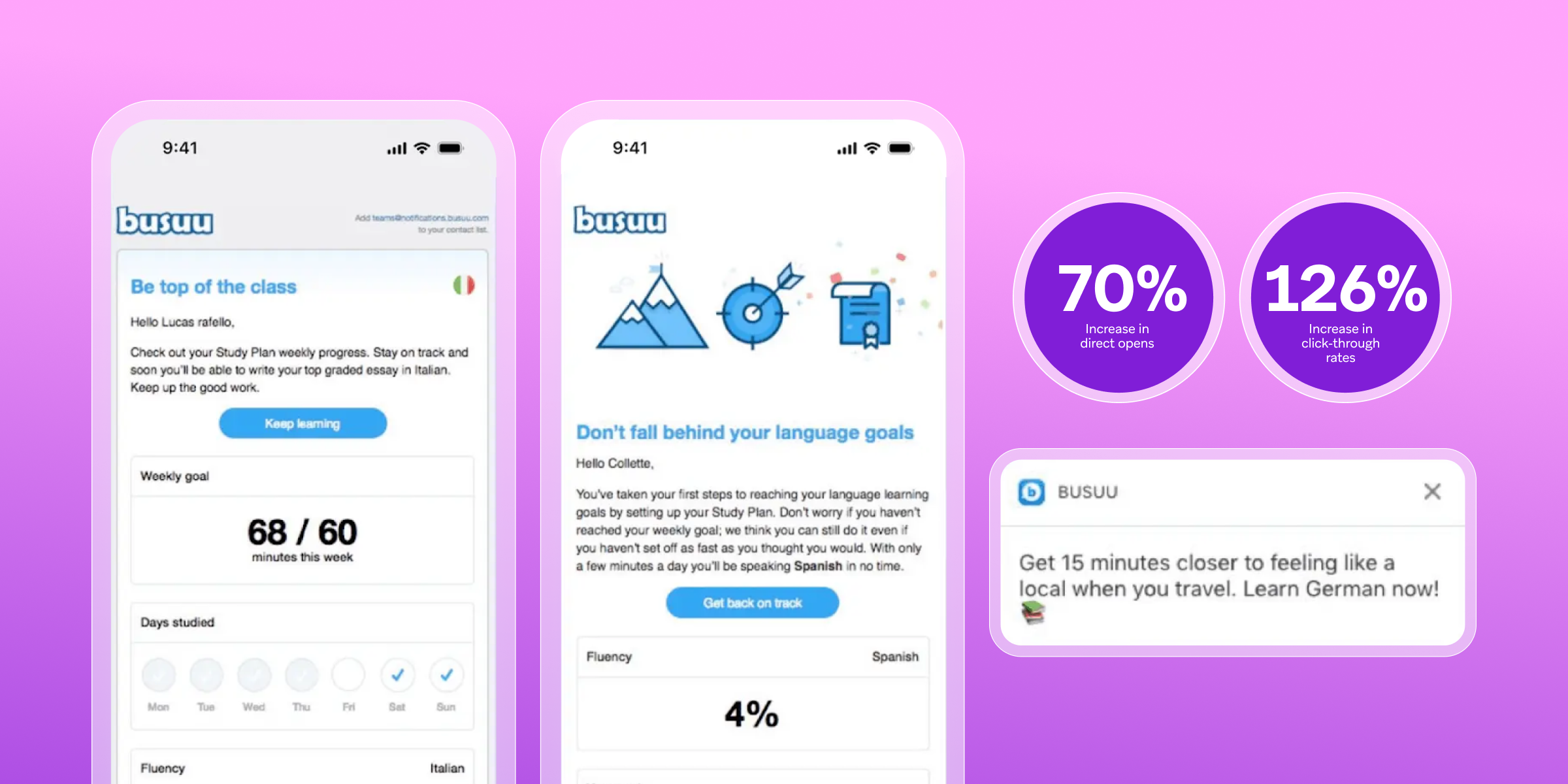 a busuu app is shown on a pink background